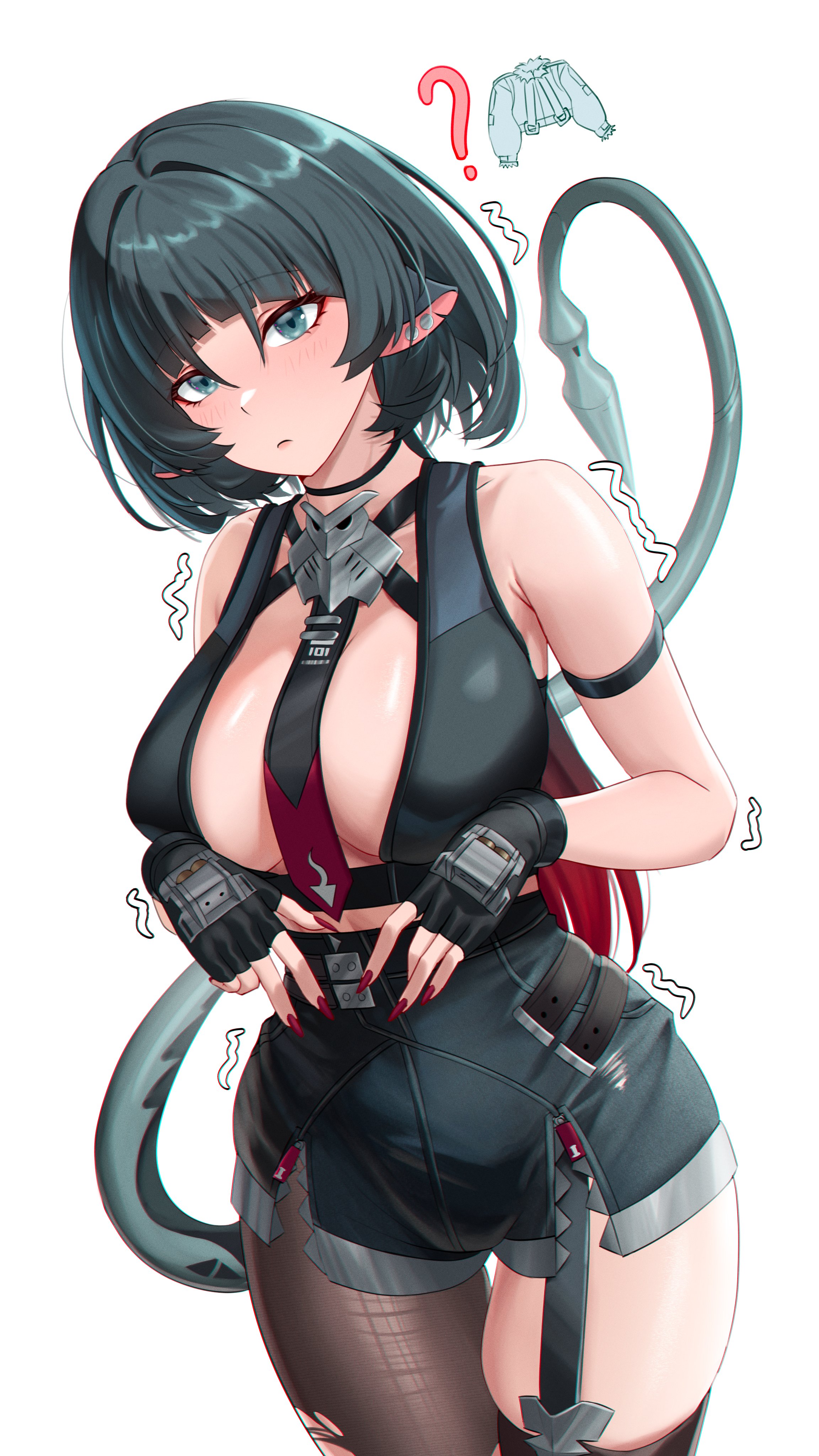 ?, 1girls, absurdres, animal ears, arm strap, armpit crease, bare shoulders, black garter straps, black gloves, black hair, black necktie, black pantyhose, black shirt, black shorts, black thighhighs, blush, breasts, chromatic aberration, closed mouth, commentary, crop top, cruzvu, english commentary, female, female only, fingerless gloves, garter straps, gloves, green eyes, high-waist shorts, highres, jane doe (zenless zone zero), large breasts, long hair, looking at viewer, midriff, mouse ears, mouse girl, multicolored hair, nail polish, necktie, no jacket, pantyhose, pantyhose under shorts, red hair, red nails, red necktie, shirt, shorts, simple background, single garter strap, single leg pantyhose, single thighhigh, solo focus, tail, thighhighs, torn clothes, torn pantyhose, two-tone hair, two-tone necktie, very long hair, white background, zenless zone zero, zoom layer