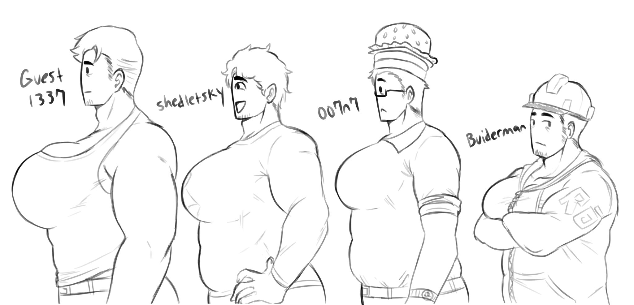 007n7, 007n7 (forsaken), 4boys, arms crossed, arms crossed under breasts, arms under breasts, belt, big breasts, blank expression, breast chart, breast comparison, breasts, builderman, builderman (forsaken), burger, burger hat, busty, busty male, character name, chart, chubby, chubby male, construction helmet, forsaken (roblox), fully clothed, gatocafe12, glance, glasses, guest 1337 (forsaken), guest 1337 (the last guest), hands on hips, hard hat, hat, large breasts, looking away, male, male only, male with breasts, muscles, muscular, muscular arms, muscular male, neutral expression, open eyes, open mouth, open smile, pants, roblox, roblox admins, roblox game, robloxian, shedletsky, shedletsky (forsaken), shirt, short hair, smile, stubble, tank top, tanktop, the last guest, uncolored, white background