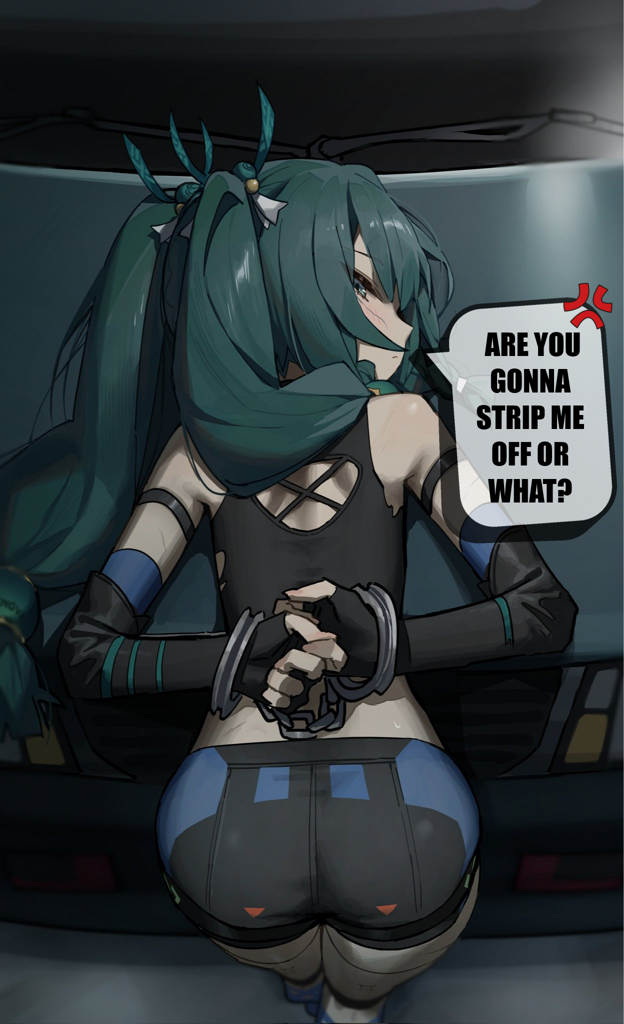1girls, android, angry, arms behind back, bent over, blush, cop, crop top, cuffs, female, female only, handcuffs, highres, looking at viewer, police, police uniform, policewoman, qingyi (zenless zone zero), robot, robot girl, short shorts, shorts, syhan, zenless zone zero