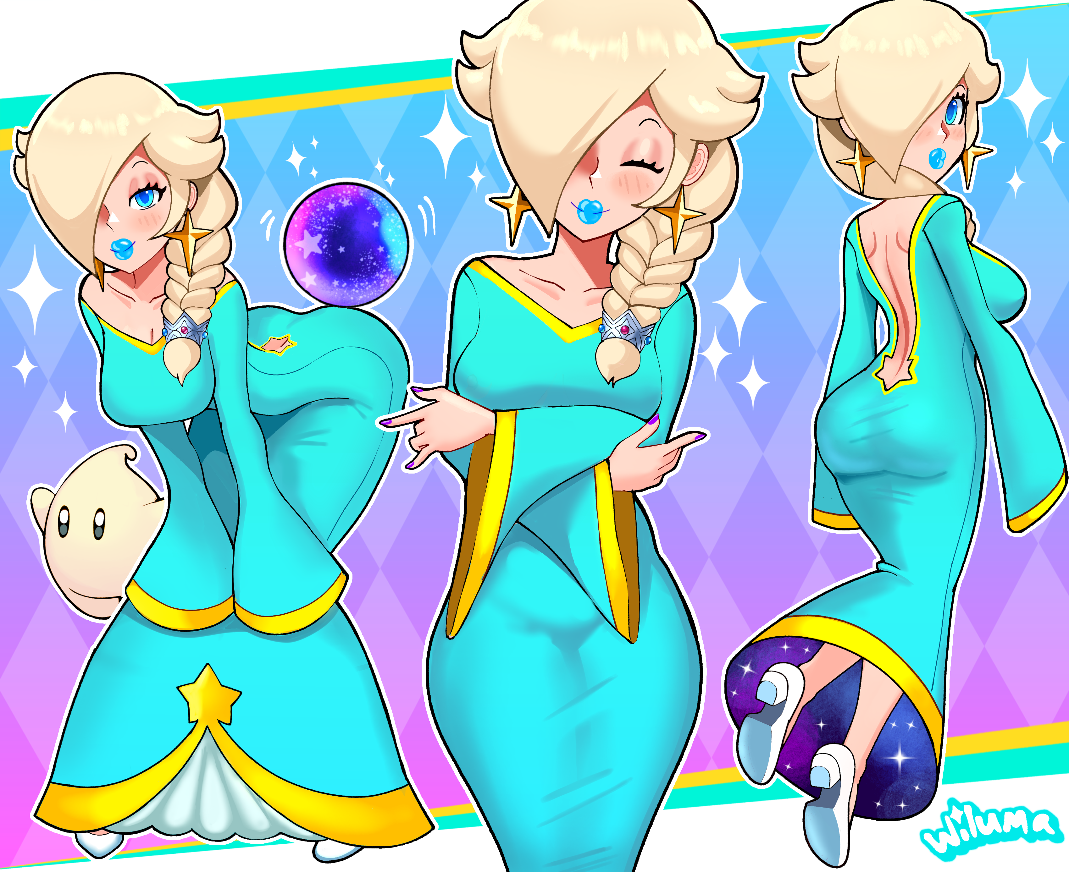 1girls, alternate costume, alternate hairstyle, ass, backless dress, backless outfit, blonde hair, blue eyes, blue lips, blue lipstick, braid, braided ponytail, breasts, cleavage, dress, female, large breasts, lipstick, long sleeves, luma, makeup, mario (series), nail polish, nintendo, png, princess dress, princess rosalina, purple nails, rosalina, sleeves past wrists, tight clothes, tight dress, wiluma