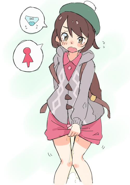 1girls, backpack, bag, brown eyes, brown hair, clothed, crotch rub, desperation, female, female only, gloria (pokemon), hat, human, knees together, nintendo, peeing, pokemon, pokemon ss, shirt, skirt, source request, standing, tam o' shanter, tears, urine, wet clothes, wide hips