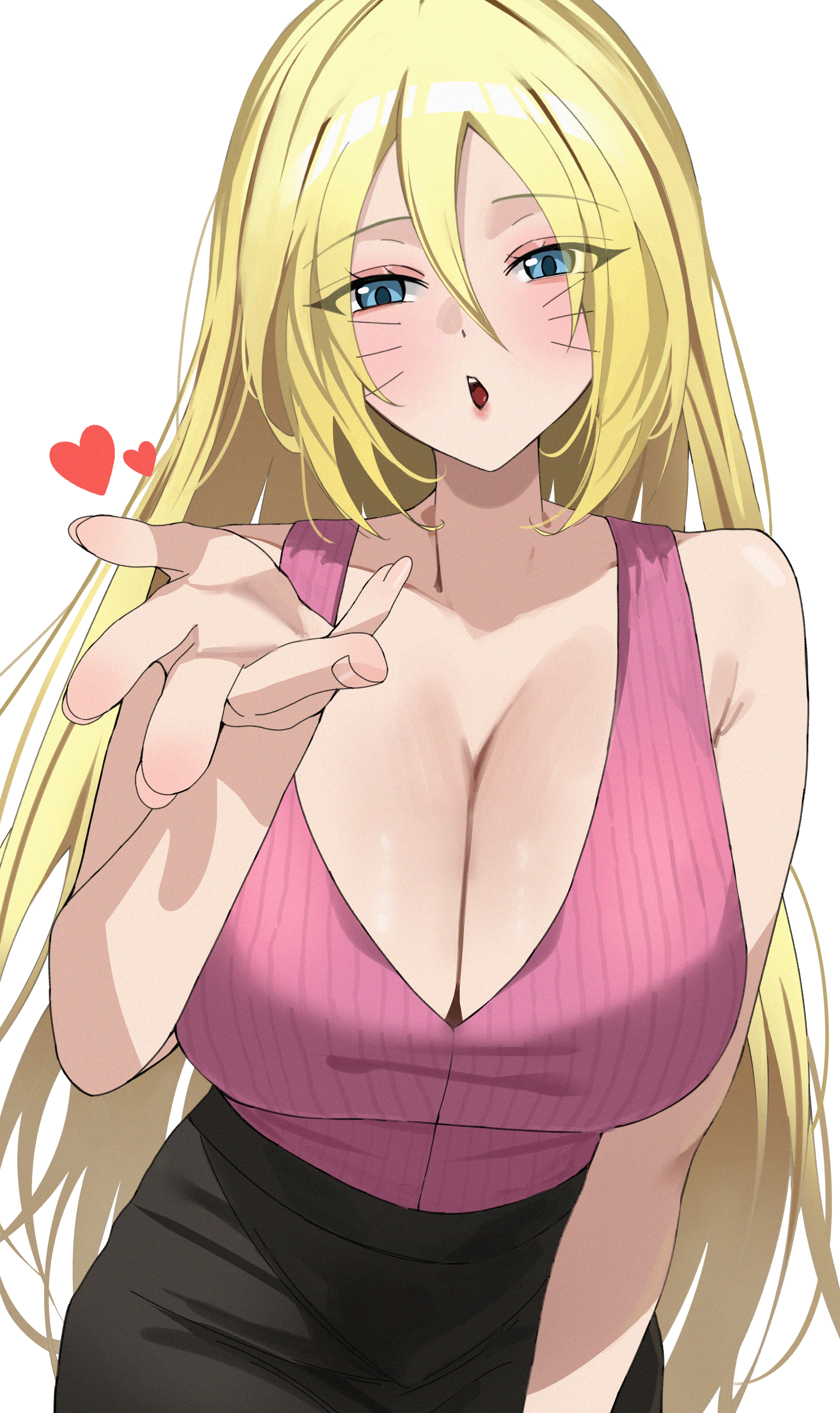 absurdres, bare shoulders, black skirt, blonde hair, blowing kiss, blue eyes, blush, boruko, boruto: naruto next generations, breasts, cleavage, commentary, commission, drawn, english commentary, facial mark, female, gender transformation, genderswap, genderswap (mtf), highres, large breasts, looking at viewer, mango (mango0208), naruto, naruto (series), one eye closed, open mouth, pink shirt, pixiv commission, rule 63, sexy no jutsu, shirt, skirt, solo, transformation, uzumaki boruto, whisker markings