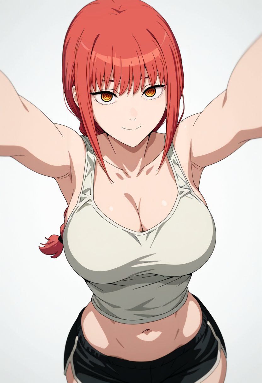 ai generated, breasts, busty, busty female, chainsaw man, cleavage, dolphin shorts, female, large breasts, makima (chainsaw man), no background, red hair, ringed eyes, short shorts, sidelocks, sports shorts, tank top, thick thighs, white background, yellow eyes