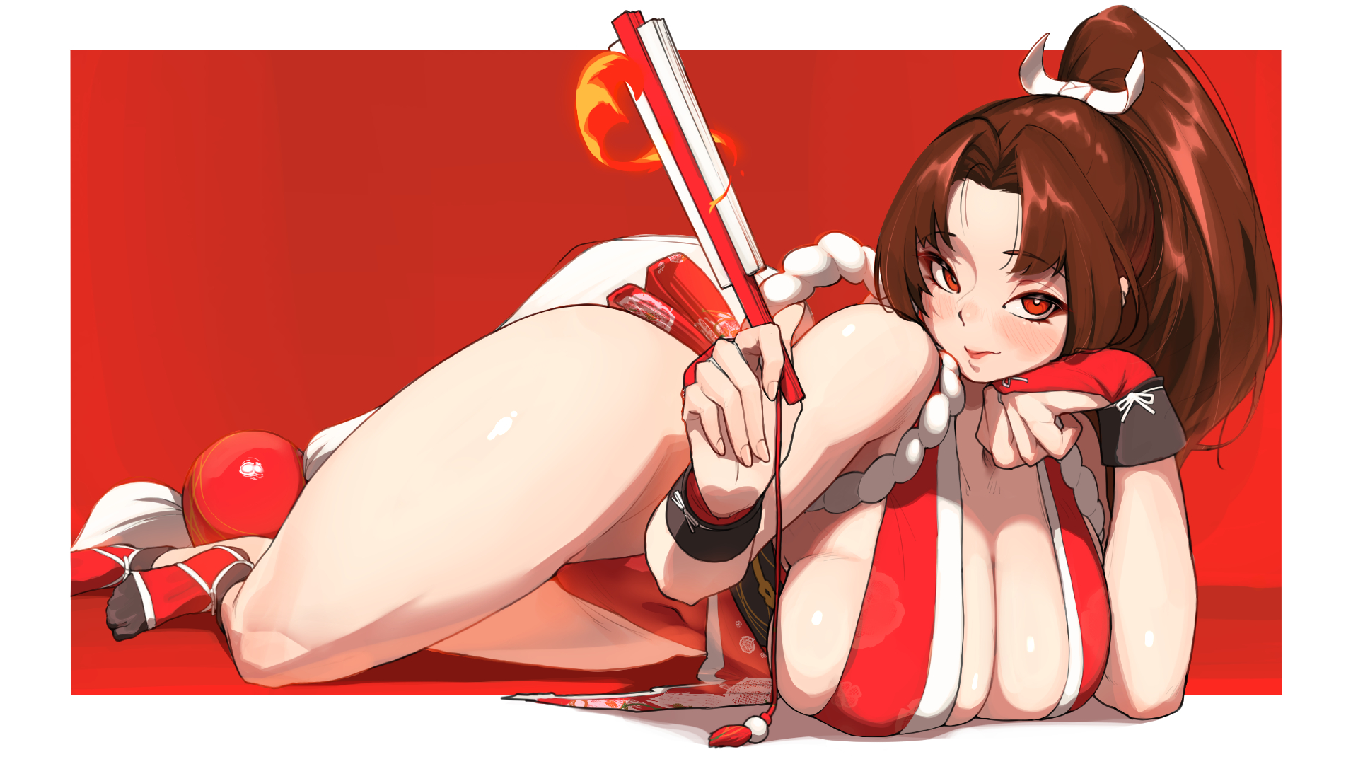 1girls, bare shoulders, blush, breasts, brown eyes, brown hair, cleavage, fatal fury, female, female only, fire, high ponytail, highres, huge breasts, japanese clothes, king of fighters, long hair, looking at viewer, mai shiranui, monoi daru, ninja, open mouth, ponytail, revealing clothes, rope, sideboob, snk, solo, street fighter, street fighter 6, thighs