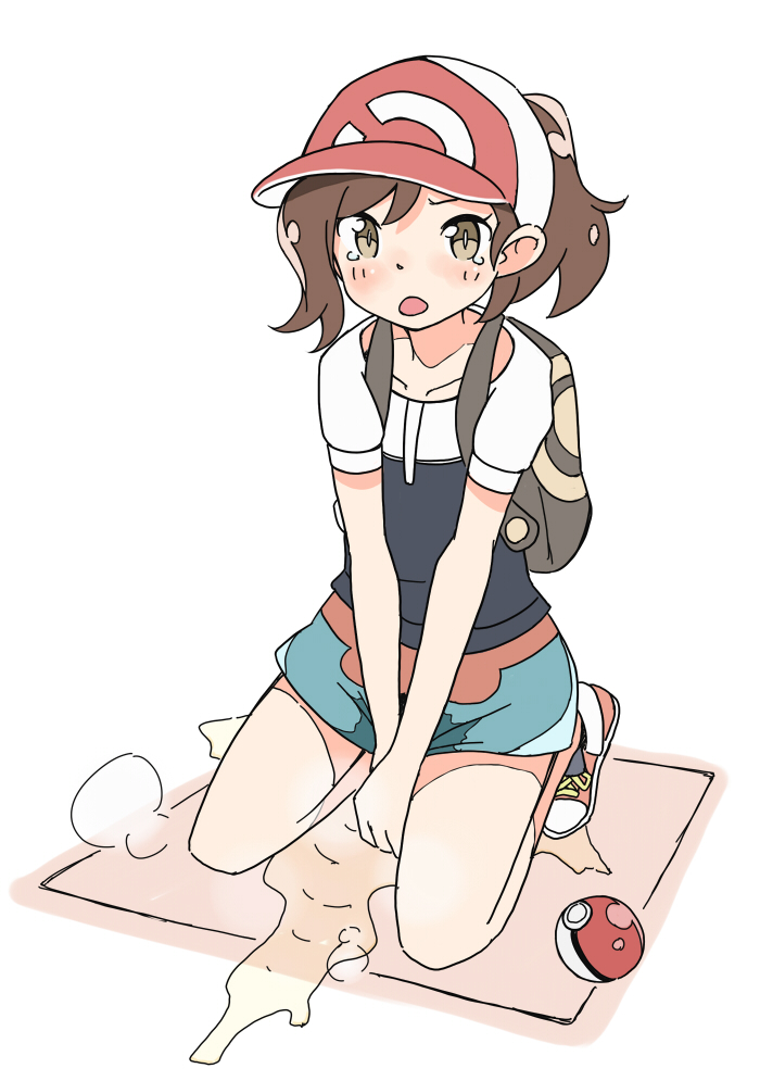 1girls backpack bag brown_hair clothed clothing elaine_(pokemon) female female_only flat_chest hat human kneeling nintendo peeing poke_ball pokemon pokemon_lgpe pokemon_rgby shirt shorts source_request urinating_in_bottomwear urine wet wet_clothes wetting