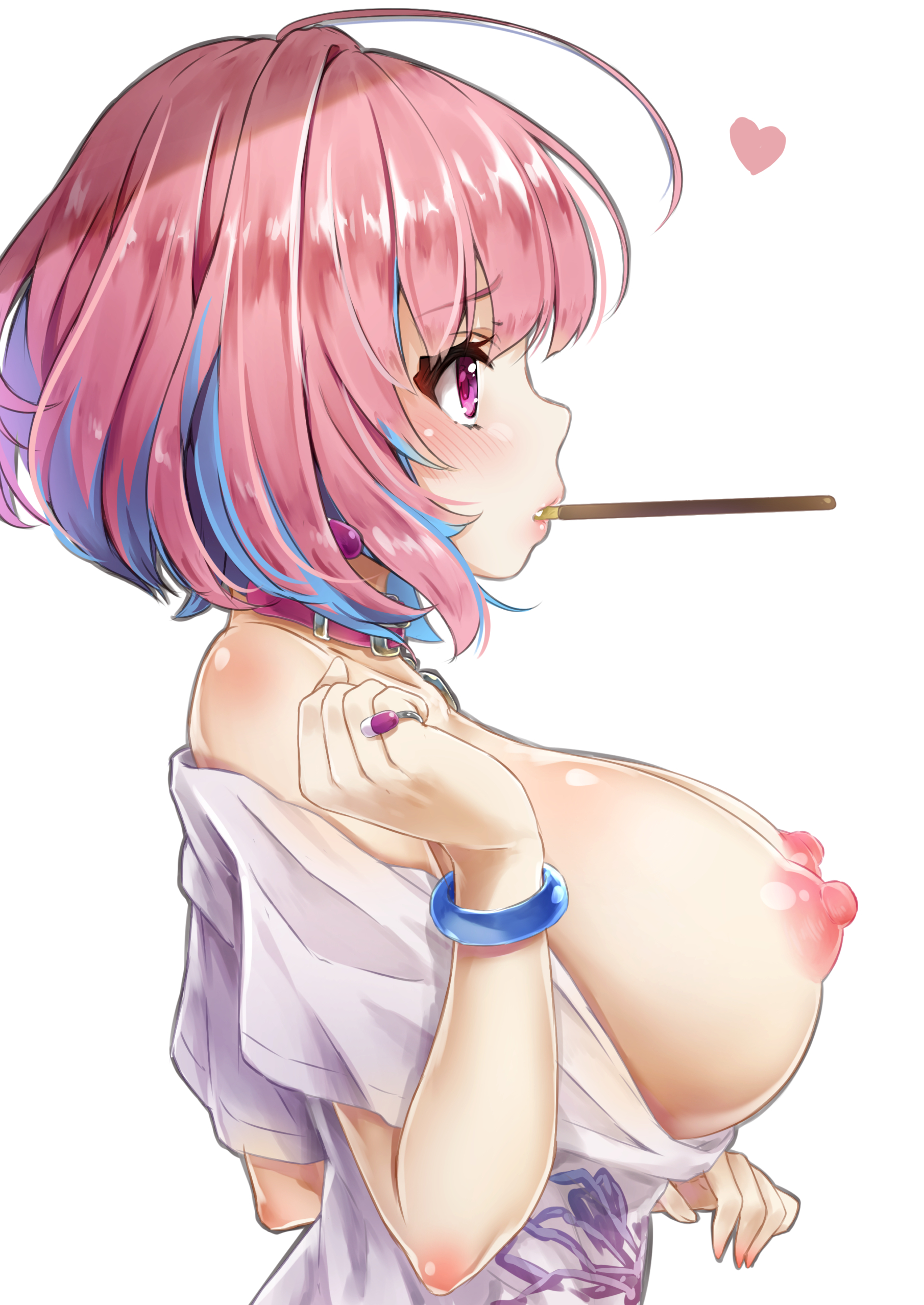 absurdres, ahoge, bangs, blue bracelet, blue hair, blush, bracelet, breasts, breasts out, collar, collarbone, earrings, eyebrows visible through hair, female, food, from side, heart, highres, hyouta (yoneya), idolmaster, idolmaster cinderella girls, jewelry, large breasts, lips, mouth hold, multicolored hair, nipples, no bra, off shoulder, pill, pink collar, pink eyes, pink hair, pocky, profile, puffy nipples, ring, shirt, shirt pull, short hair, short sleeves, simple background, solo, t-shirt, two-tone hair, upper body, white background, yumemi riamu