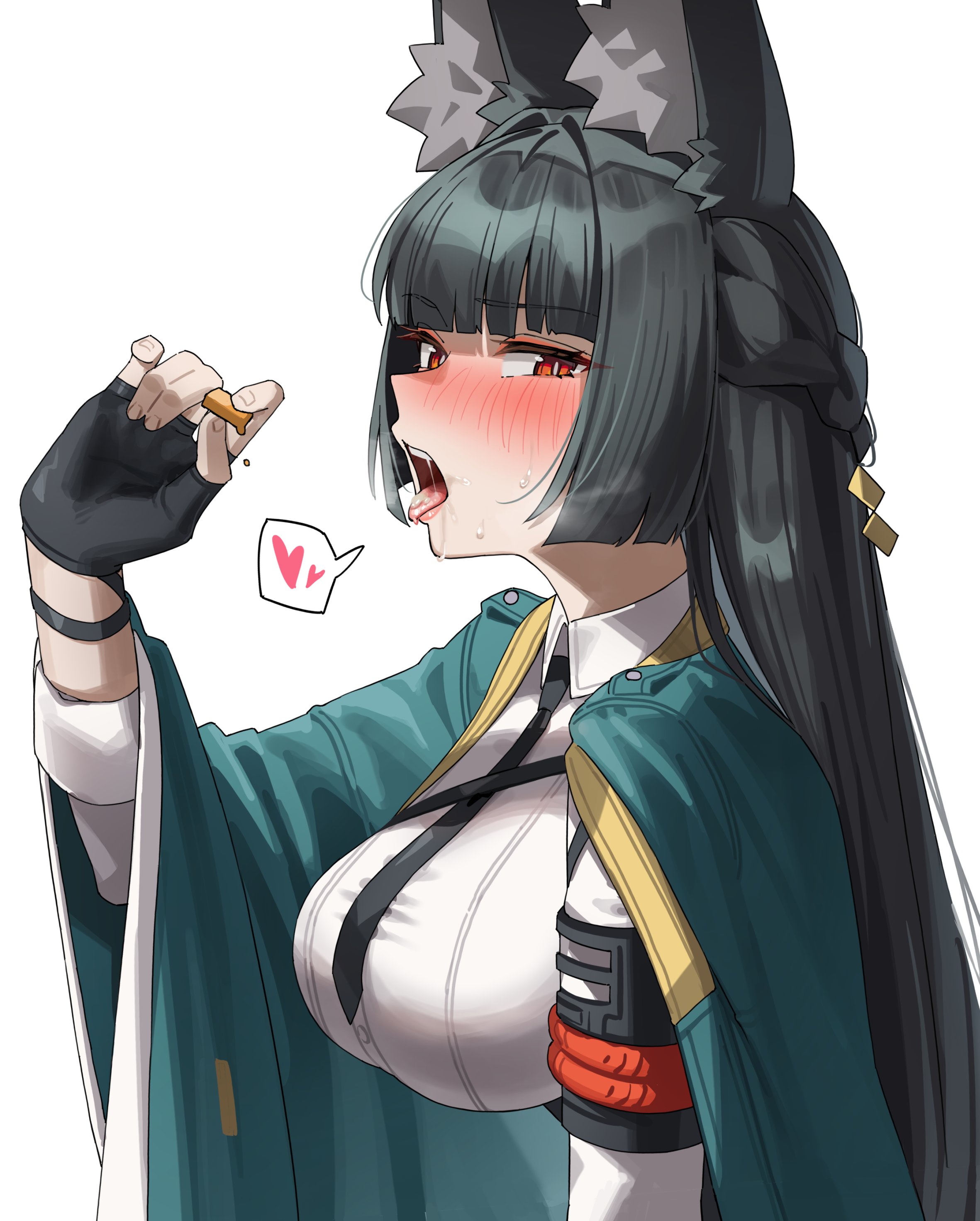 1girls, absurdres, animal ears, black gloves, black hair, black necktie, blunt bangs, blush, dress shirt, female, female only, fingerless gloves, fox ears, fox girl, gloves, green jacket, green tea (matchaistasty), heart, highres, hoshimi miyabi, jacket, long hair, looking at viewer, necktie, red eyes, saliva, shirt, sidelocks, simple background, solo, teeth, upper body, white background, white shirt, zenless zone zero