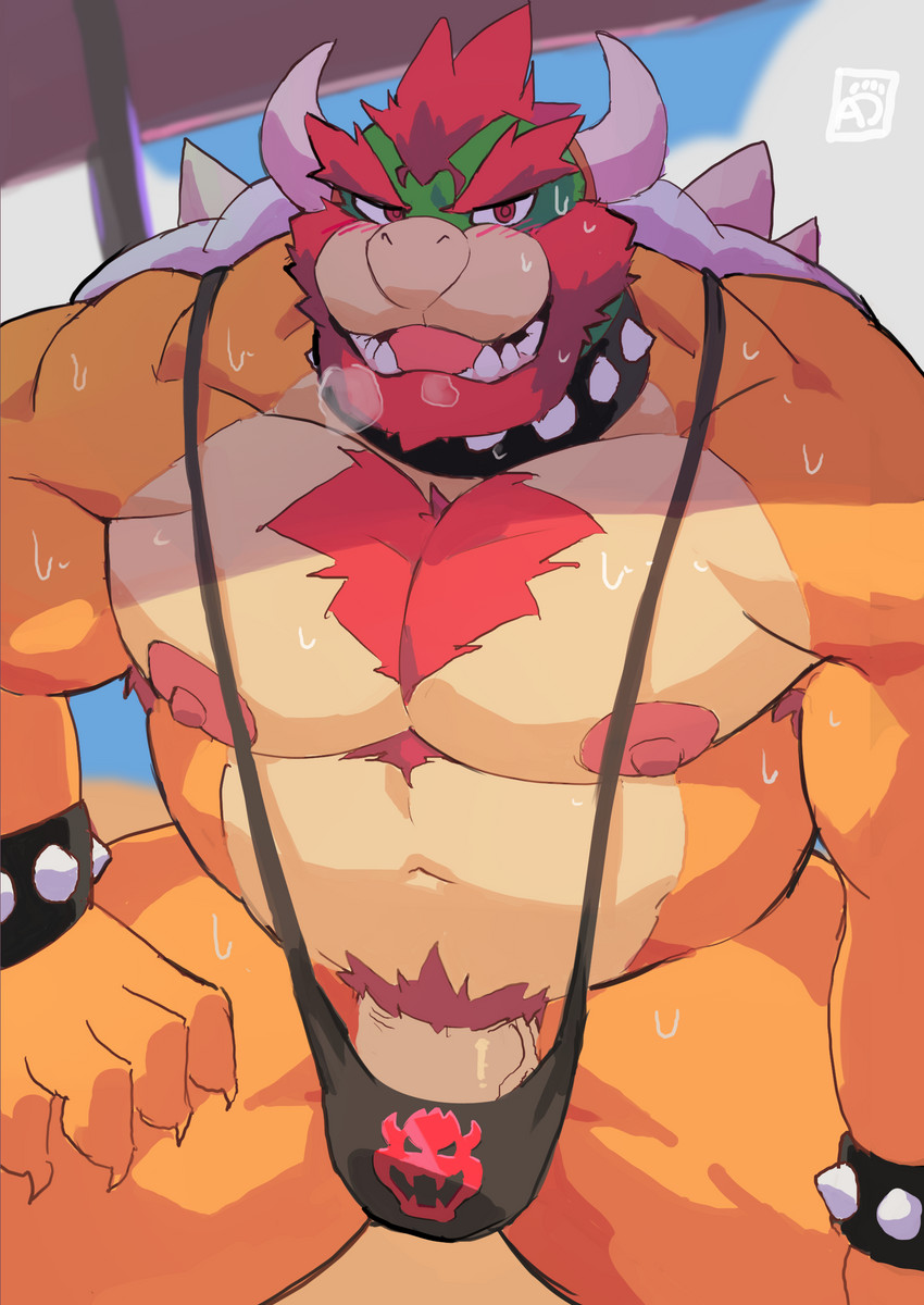 1boy bara beach black_mankini bowser buff male mankini mario_(series) nintendo sand sexy sunshade super_mario_bros. super_smash_bros. sweaty sweaty_body water yaoi