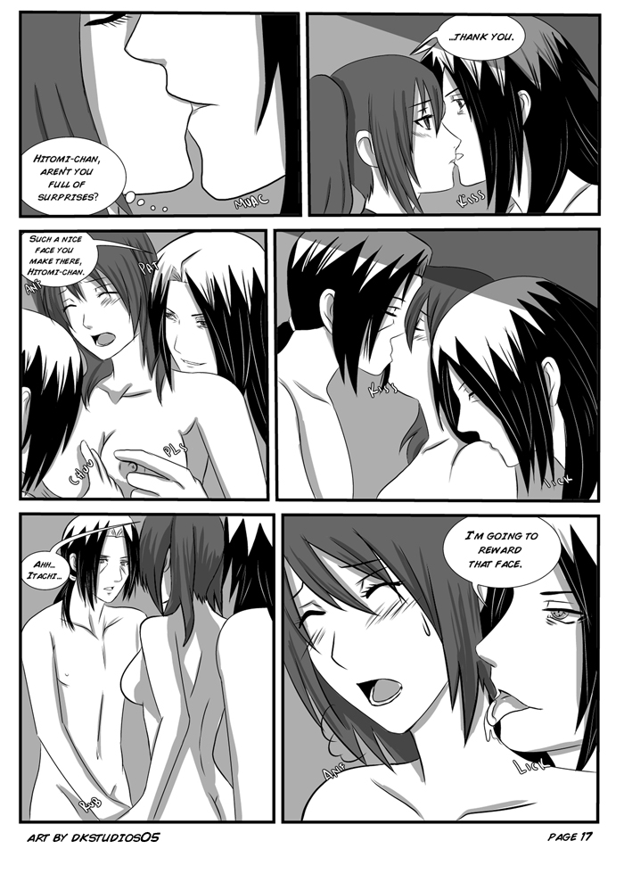 1girls 2boys areolae ass big_breasts blush breast_grab breast_squeeze breasts dialogue dk_studios dkstudios05 doujinshi english_text female fingering grabbing human kissing kunoichi licking long_hair male manga masturbation naruto naruto_shippuden ninja nipples nude open_mouth original_character page_17 sweat text threesome twintails uchiha_itachi uchiha_madara