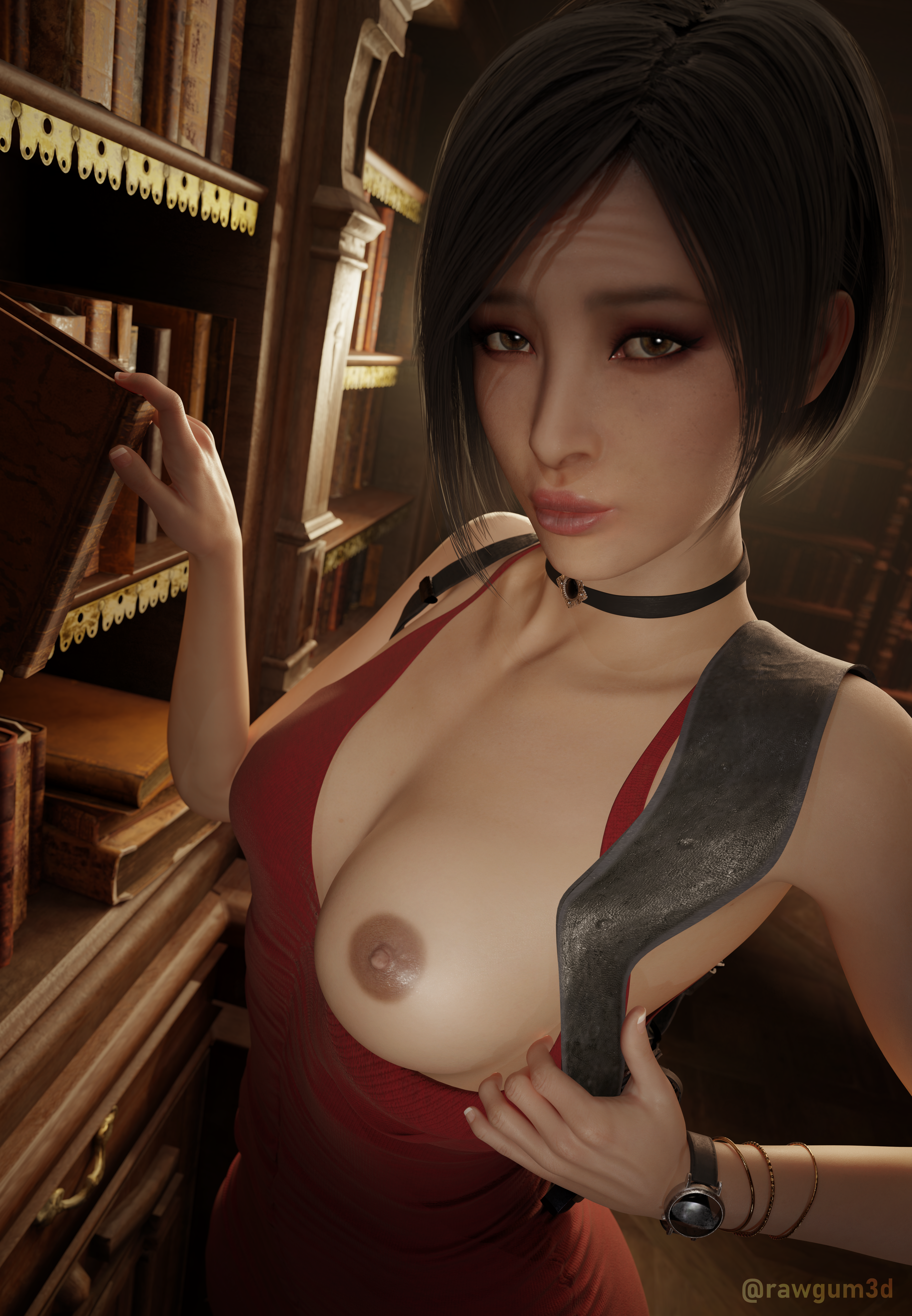 1girls, 3d, ada wong, ada wong (adriana), aerolae, asian, blender, bookshelf, breasts, breasts out, choker, dress, exposed breasts, exposed nipples, female, female only, indoors, library, looking at viewer, medium breasts, nipples, rawgum, red dress, resident evil, resident evil 4, resident evil 4 remake, self upload, short hair, showing breasts, showing off