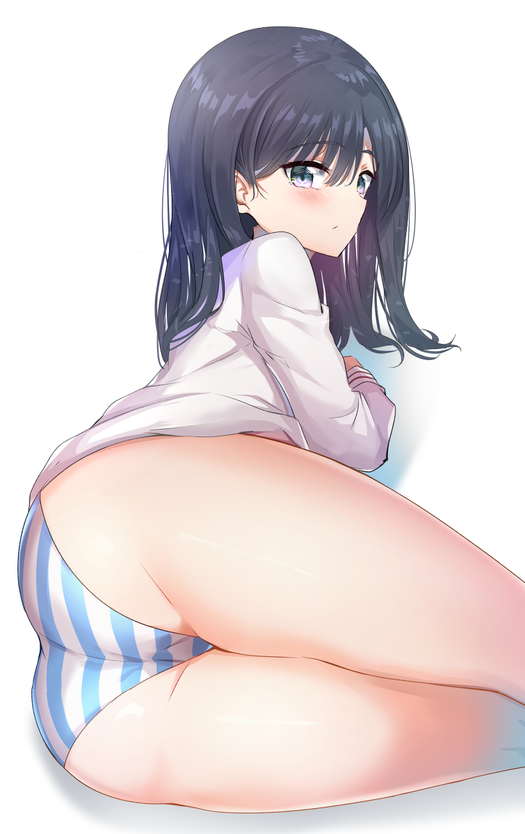 1girls, ass, black hair, female, laying down, looking at viewer, ssss.gridman, striped, striped panties, takarada rikka