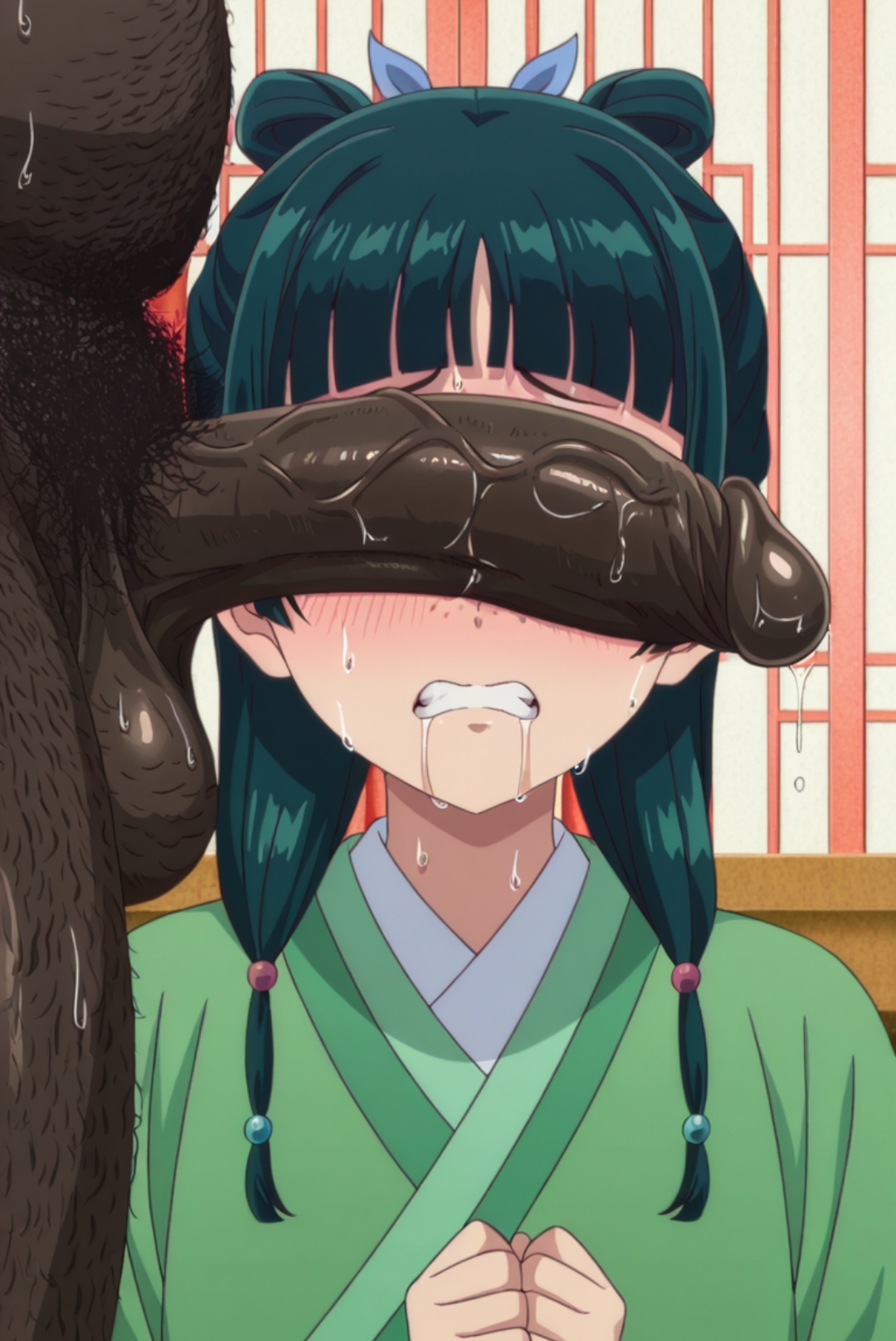 1boy, 1girls, 2d, ai generated, balls, big penis, blush, breasts, chinese clothes, clenched teeth, covering, covering eyes, covering face, dark green hair, dark skin, dark-skinned male, drooling, fat male, fat man, female, fluids, focus, freckles, green hair, hair, hair ornament, hairy, hairy male, hands together, human, human female, interracial, intimidation, kimono, kusuriya no hitorigoto, male, male/female, maomao (kusuriya no hitorigoto), nervous, nervous face, netorare, ntr, penis, penis over eyes, pubic hair, quietns, saliva, shocked, shocked expression, shy, size difference, small breasts, smaller female, smaller human, straight, sweat, sweating, swelling, teeth, testicles, uncensored, very dark skin, wet