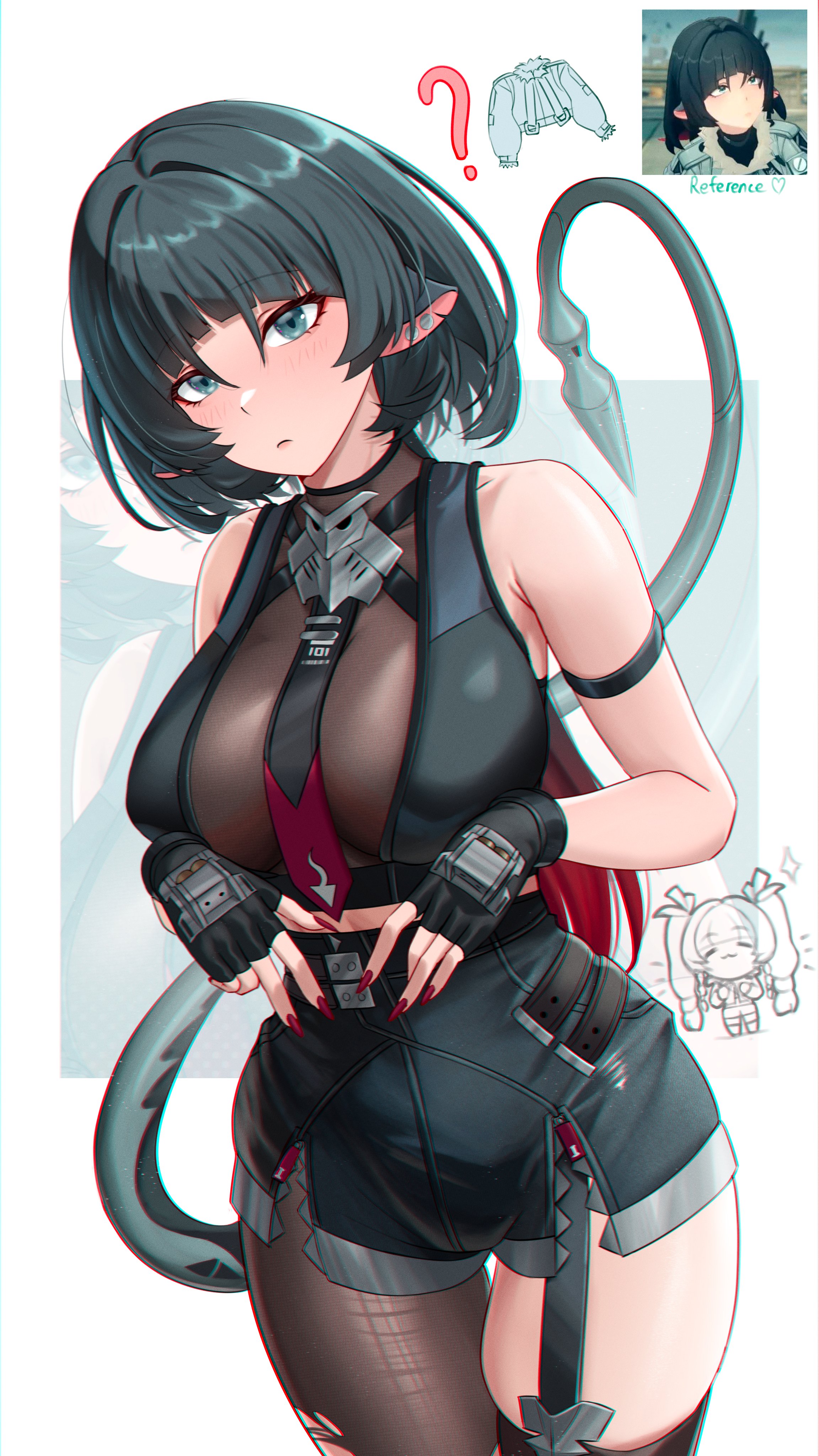 ?, 2girls, absurdres, animal ears, arm strap, armpit crease, bare shoulders, black garter straps, black gloves, black hair, black necktie, black pantyhose, black shirt, black shorts, black thighhighs, blush, breasts, chromatic aberration, closed mouth, commentary, crop top, cruzvu, english commentary, female, female only, fingerless gloves, game screenshot inset, garter straps, gloves, green eyes, high-waist shorts, highres, jane doe (zenless zone zero), large breasts, long hair, looking at viewer, midriff, mouse ears, mouse girl, multicolored hair, multiple females, multiple girls, nail polish, necktie, no jacket, pantyhose, pantyhose under shorts, qingyi (zenless zone zero), red hair, red nails, red necktie, shirt, shorts, simple background, single garter strap, single leg pantyhose, single thighhigh, solo focus, tail, thighhighs, torn clothes, torn pantyhose, two-tone hair, two-tone necktie, very long hair, white background, zenless zone zero, zoom layer