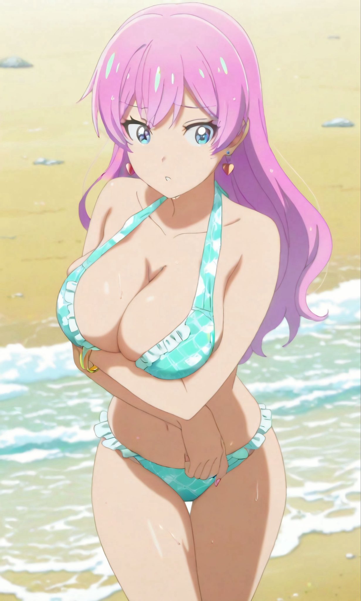 ai generated, beach, blue swimsuit, blue swimwear, blush, bra, breasts, busty, busty female, female, fuufu ijou koibito miman, looking at viewer, panties, pink, pink hair, swimsuit, swimwear, watanabe akari