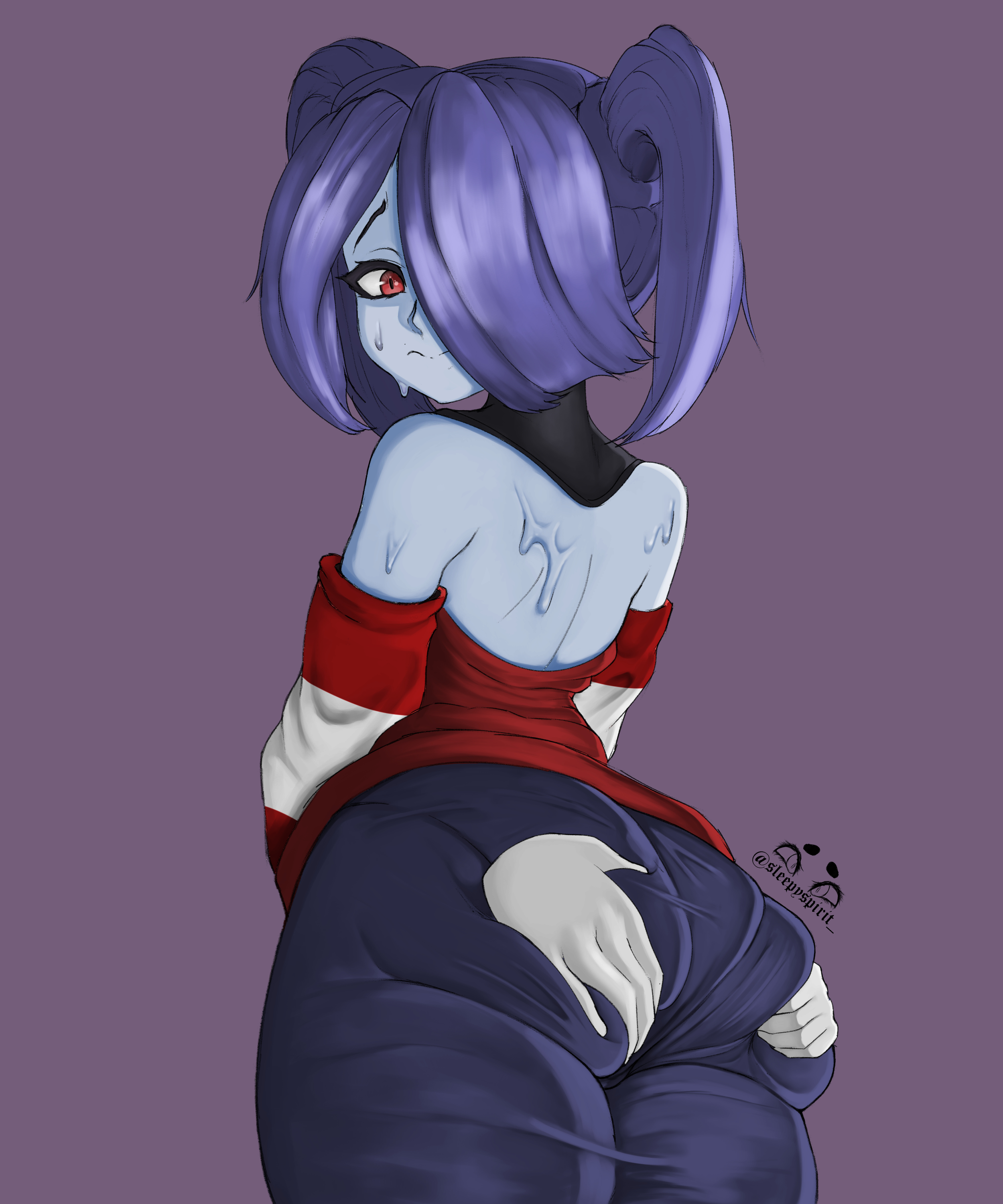1girls, absurdres, ass, ass grab, bare shoulders, blue hair, blue skin, colored skin, deep skin, detached sleeves, disembodied hand, dress, embarrassed, female, female only, from behind, hair over one eye, highres, huge ass, long hair, looking at viewer, looking back, pantylines, red eyes, shiny clothes, shiny skin, skullgirls, sleepyspirit, solo focus, squigly, twintails