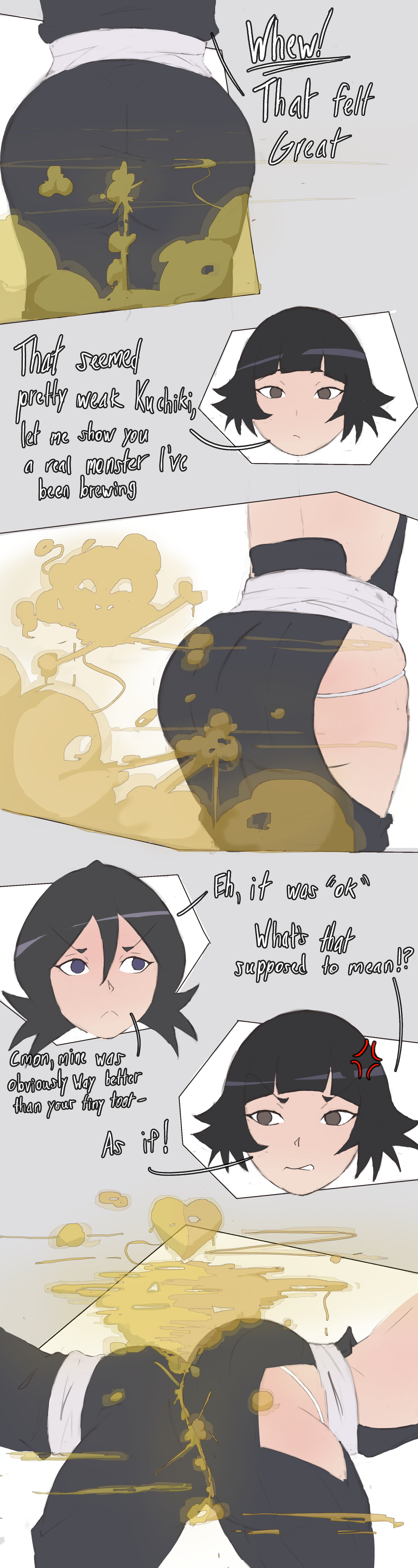 2girls, angry, angry expression, angry face, ass, ass focus, ass sandwich, ass to ass, back view, black hair, bleach, bleach: the thousand-year blood war, brown eyes, comic, dark hair, dialogue, english text, exposed ass, fart, fart cloud, fart fetish, farting, farting contest, farting together, fat ass, female, female focus, female only, gas, gassy, gassy female, heart, heart symbol, kuchiki rukia, light skin, nasponarpi, purple eyes, rear view, round ass, round butt, sandwiched, short hair, side view, simple background, smelly, smelly ass, soifon, sui-feng, text, thick ass, thick thighs, thighs, upset, viewed from behind
