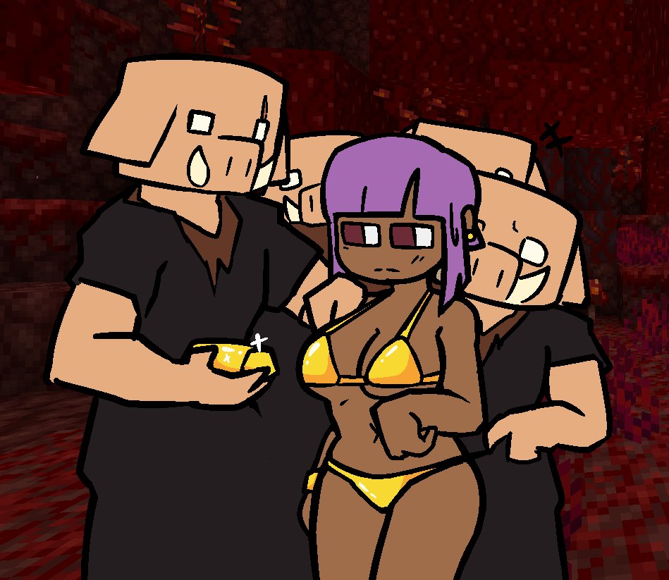 1girls, anthro, bikini, breasts, dark skin, dark-skinned female, efe (minecraft), female, furry, gangbang, golden bikini, golden week, microsoft, midasprimee, minecraft, mojang, monster, pig, piglin, piglin brute, purple hair, video game character