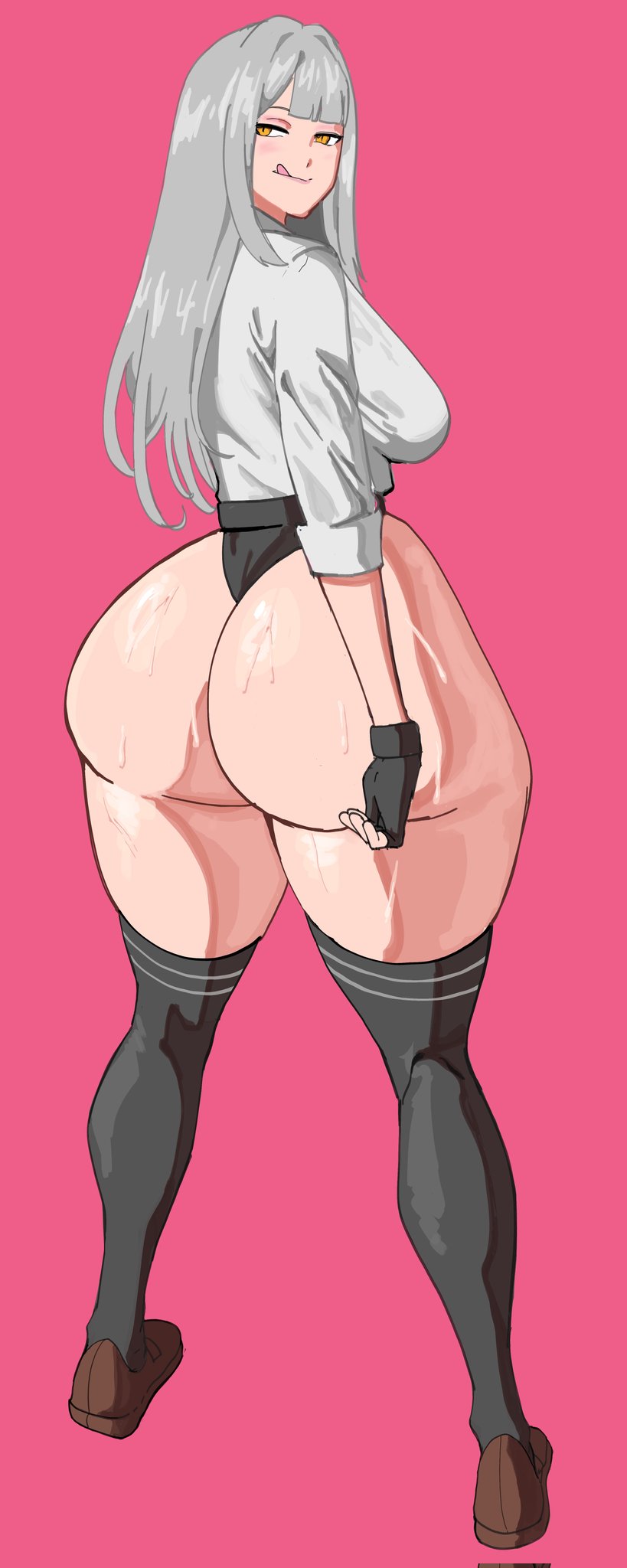 1girl, 1girls, 1human, ass, ass crack, ass focus, ass sweat, ass too big, background, barely contained, barely contained ass, barely fits, big ass, big breasts, big butt, bottom heavy, bottom heavy female, breasts, bubble ass, bubble butt, butt, butt crack, butt focus, butt sweat, clothed, clothed female, clothing, fat ass, female, female ass, female ass focus, female butt, female focus, female only, gluteal fold, grey hair, huge ass, huge butt, human, human female, human only, imminent wardrobe malfunction, inconvenient boobs, large ass, large butt, legs, legwear, licking lips, light skin, light-skinned female, looking at viewer, looking back, massive ass, octavius dp, pale skin, pale-skinned female, panties, pink background, shirt, shoes, simple background, sketch, solid color background, solo, solo female, solo focus, solo human, sweat, sweating, sweaty, sweaty ass, sweaty butt, thick ass, thick thighs, thighhighs, thighs, tight fit, too tight, undersized clothes, undersized clothing, virtual youtuber, vshojo, wide hips, yellow eyes, zentreya, zentreya (cyborg)