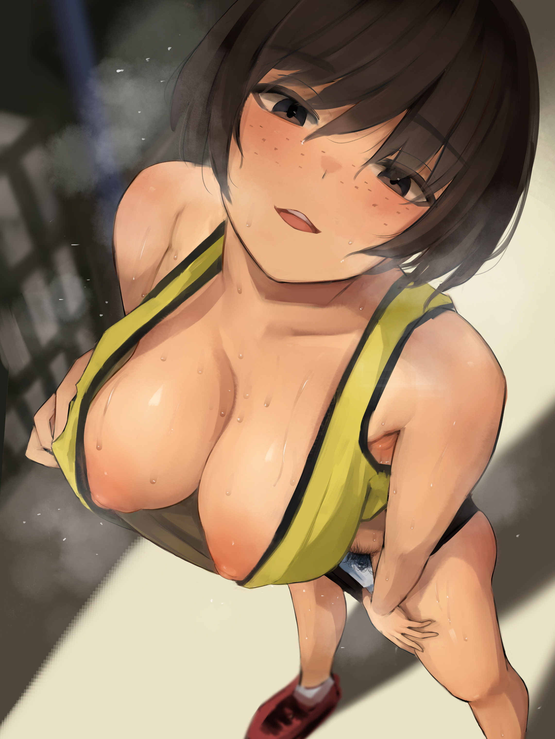 1girls, areolae, big breasts, breasts, breasts out, brown eyes, brown hair, camonome, female, female only, freckles, freckles on face, hi res, highres, indoors, light skin, light-skinned female, looking at viewer, nipples, original, pubic hair, pubic hair peek, pussy, pussy juice, solo, solo female, standing, sweat, sweatdrop, sweating, tomboy