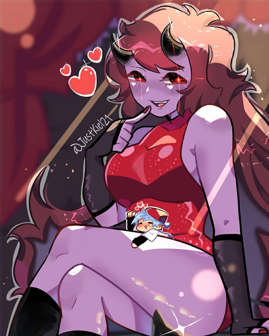 1boy, 1girls, 2021, artist name, black fingerless gloves, black horns, black legwear, black sleeves, blue hair, blush, boyfriend (friday night funkin), breasts, brown hair, brunette hair, canon couple, cap, clothed, clothed male clothed female, curly hair, curtains, curvy female, demon, demon girl, demon horns, digital media (artwork), dress, eye shimmer, female, fingerless gloves, friday night funkin, giantess, girlfriend (friday night funkin), happy, heart, horns, instagram, justkiel21 (artist), laying on leg, legwear, long hair, long sleeves, male, newgrounds, no sex, purple skin, red cap, red dress, red fingernails, sitting, size difference, small male, smol, stage, stage curtains, stage lights, they love each other, thick thighs, white shirt, wholesome