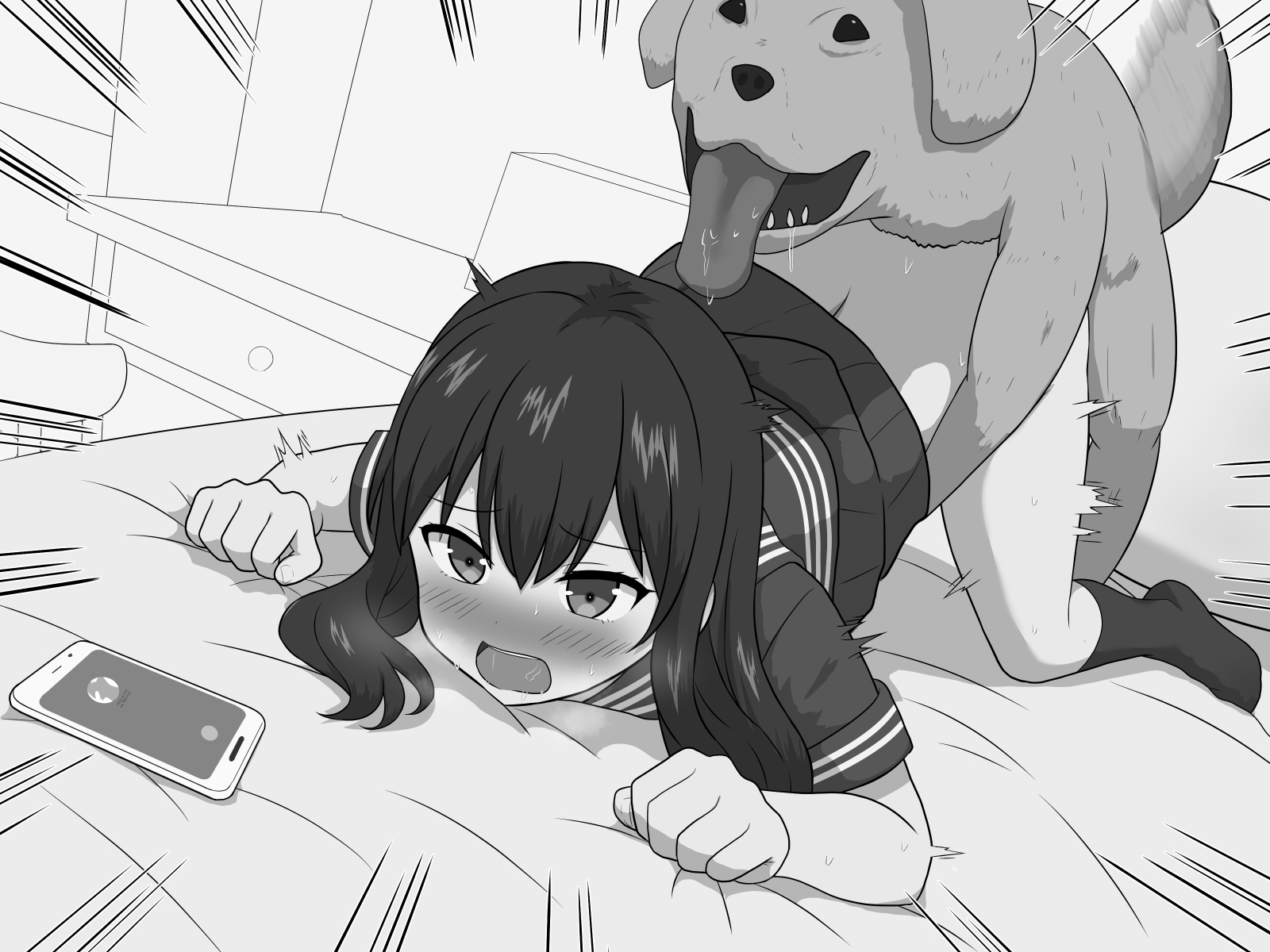 1boy, 1girls, aitsugu, animal ears, bed, bedroom, blush, canid, canine, cellphone, clothed sex, doggy style, domestic dog, female, feral, interspecies, long hair, looking at viewer, male, male/female, monochrome, on bed, open mouth, original, penetration, phone, pussy, saliva, school uniform, schoolgirl, sex, sex from behind, tongue, tongue out, top-down bottom-up, vaginal, vaginal insertion, vaginal penetration, vaginal sex, zoophilia