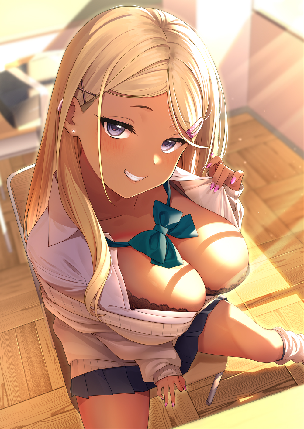 bangs between_legs blonde_hair blue_eyes bow bowtie breasts chair classroom cleavage clothes_pull collared_shirt dark-skinned_female dark_skin ear_piercing eyebrows_visible_through_hair female grin gyaru hair_ornament hairpin hand_between_legs handjob_gesture highres kneehighs large_breasts looking_at_viewer loose_socks nail_polish on_chair open_clothes original parted_lips perspective piercing pink_nails purple_eyes school_girl_(wotori) school_uniform seductive_smile shadow shirt sitting skirt smile socks solo spread_legs sweater sweater_pull tan teeth white_socks wotori