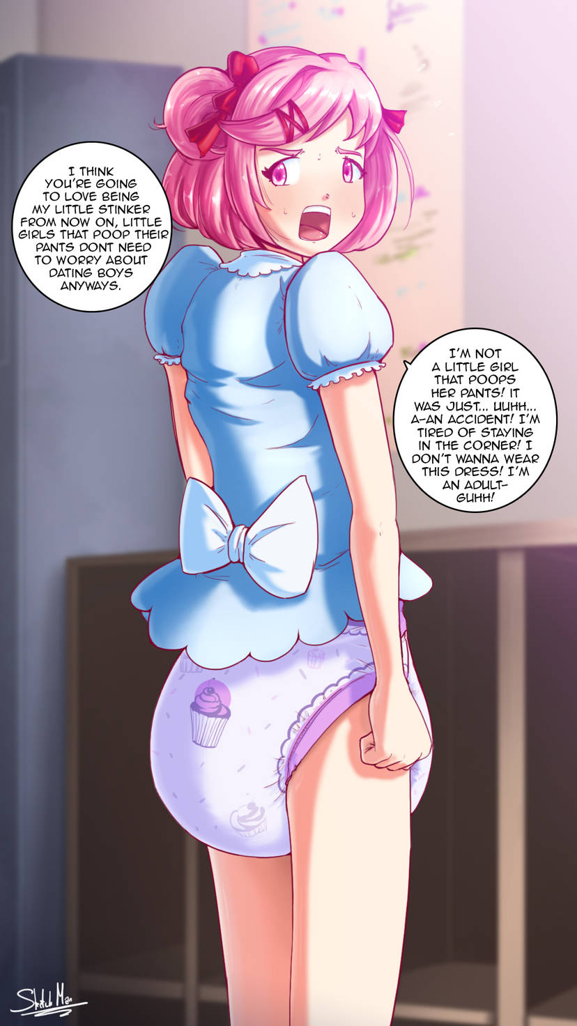 2girls abdl annoyed bow cute diaper diaper_fetish embarrassed humiliation monika_(doki_doki_literature_club) natsuki_(doki_doki_literature_club) offscreen_character pink_hair text