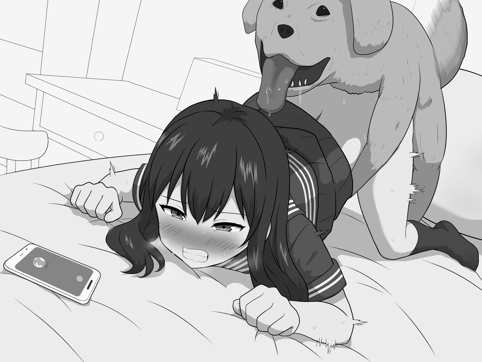 1boy, 1girls, aitsugu, animal ears, bed, bedroom, blush, canine, cellphone, clothed sex, dog ears, doggy style, female, interspecies, long hair, looking at viewer, male, male/female, monochrome, on bed, open mouth, original, penetration, phone, pussy, saliva, school uniform, schoolgirl, sex, sex from behind, tongue, tongue out, top-down bottom-up, vaginal, vaginal insertion, vaginal penetration, vaginal sex, zoophilia