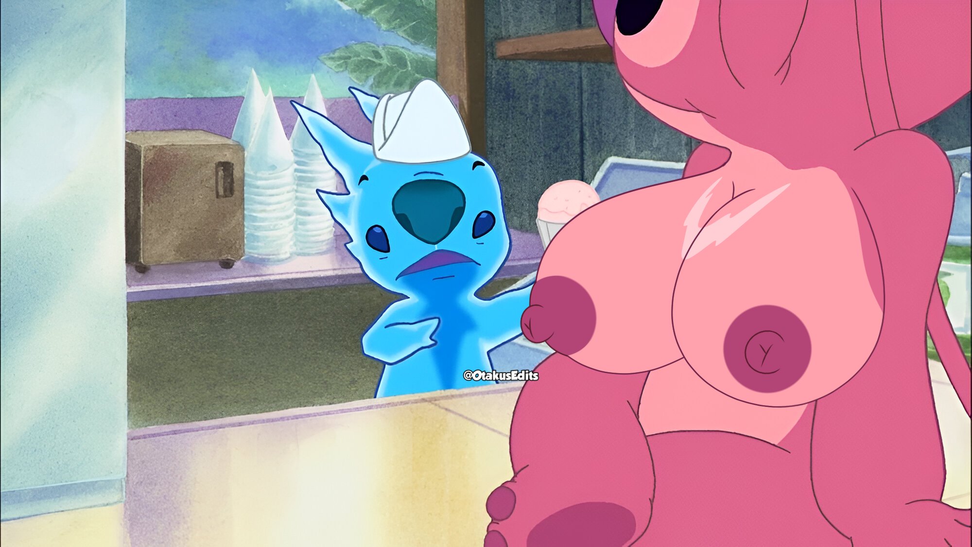 accurate art style, angel (lilo and stitch), breasts, breasts out, disney channel, female, large breasts, lilo and stitch, otakusedits, pink fur, pink nipples, screenshot edit, slushy (lilo and stitch)