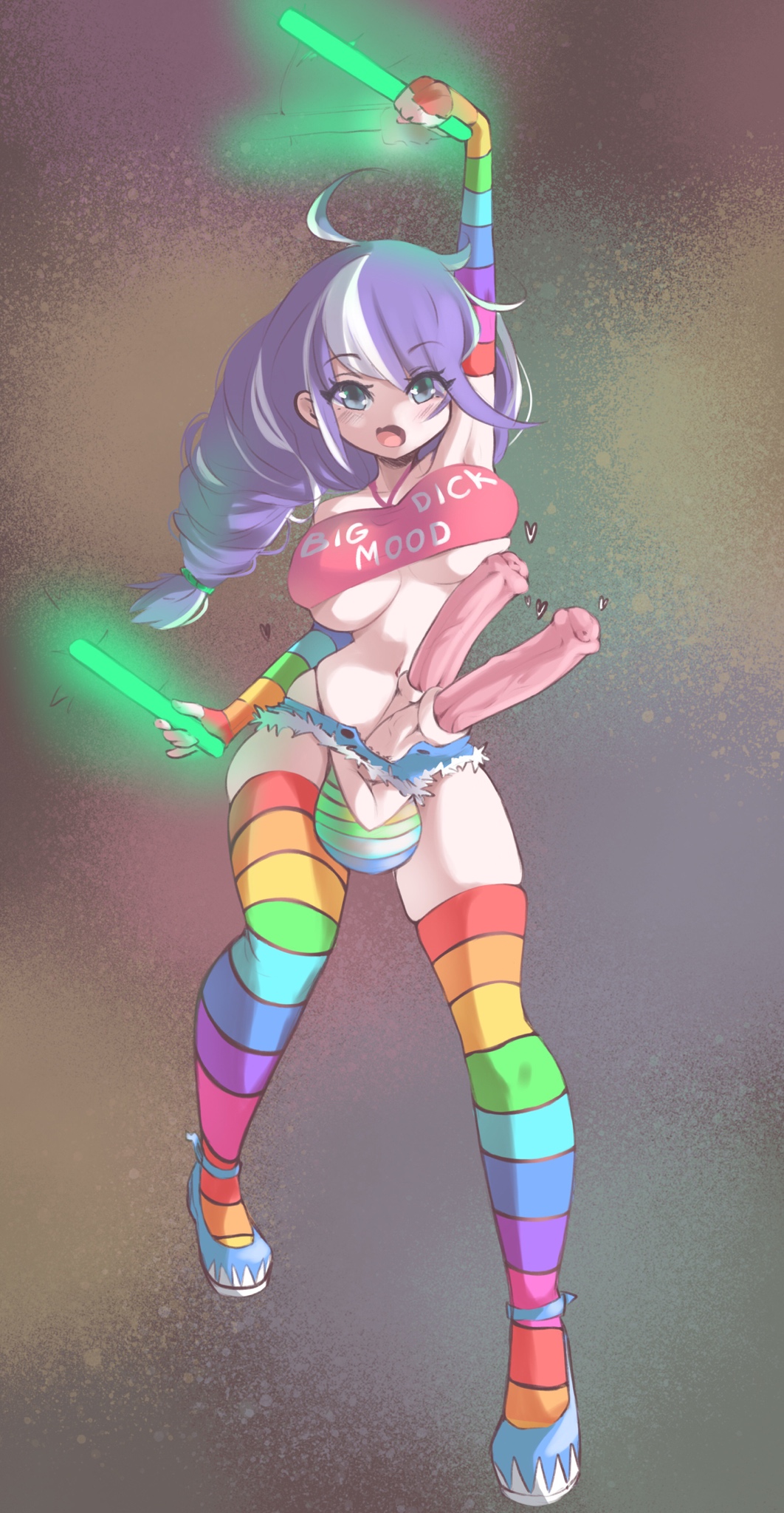 1futa animal_genitalia balls blue_eyes breasts cutoffs diphallia diphallism futanari gloves glowstick horsecock horsecock_futanari huge_breasts huge_cock human_with_animal_genitalia intersex melanie_santander multi_penis penis poduu ponytail purple_hair sheath solo thighhighs thong underboob