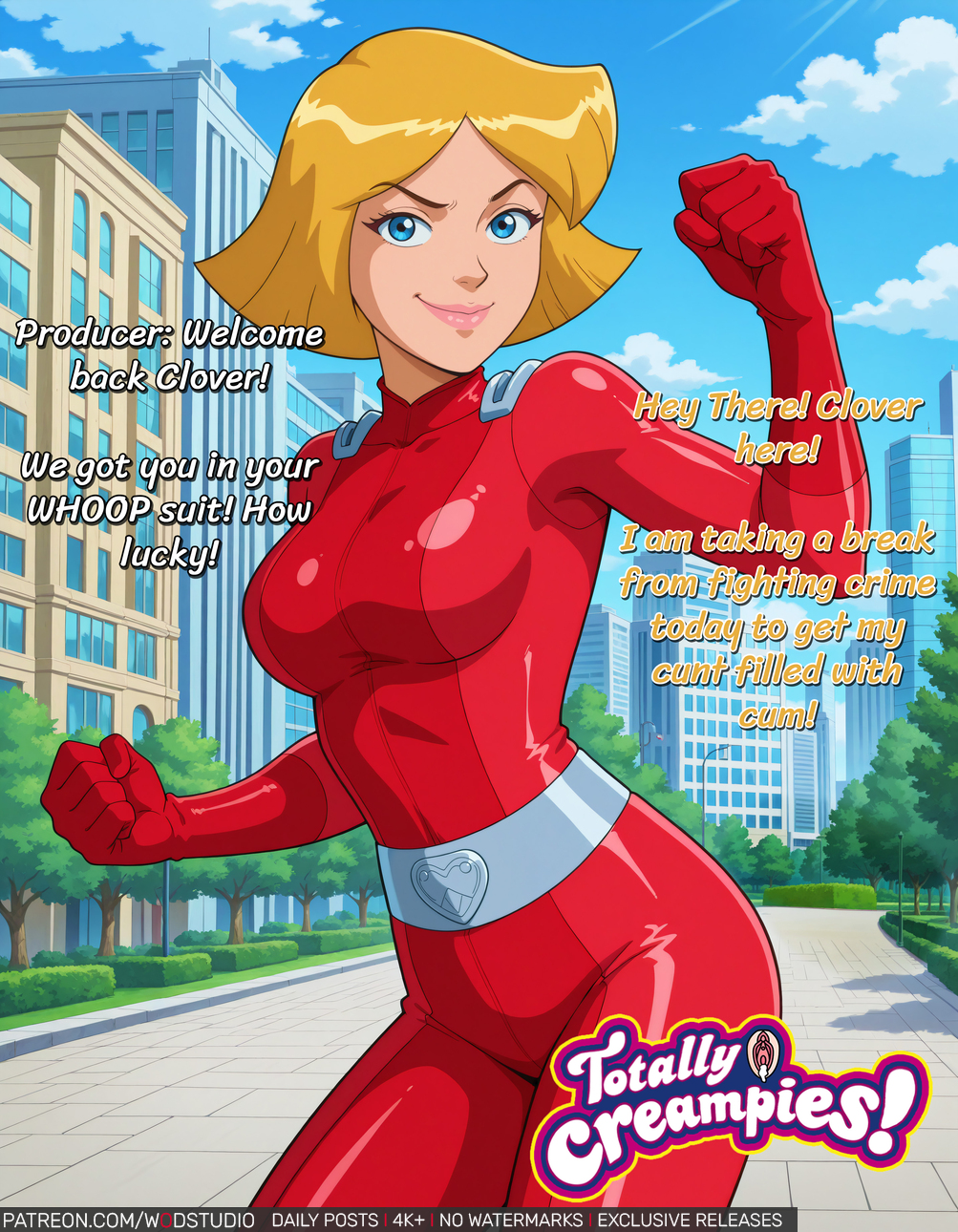 ai generated, belt, blonde hair, blue eyes, blue sky, bodysuit, breasts, building, city, clenched hands, clothing, cloud, clover (totally spies), day, english language, english text, female, female only, gloves, high resolution, large breasts, lips, looking at viewer, medium breasts, outdoors, red bodysuit, short hair, skin tight, sky, skyscraper, smile, solo, standing, superhero, text, thighs, totally spies, tree, wodstudio