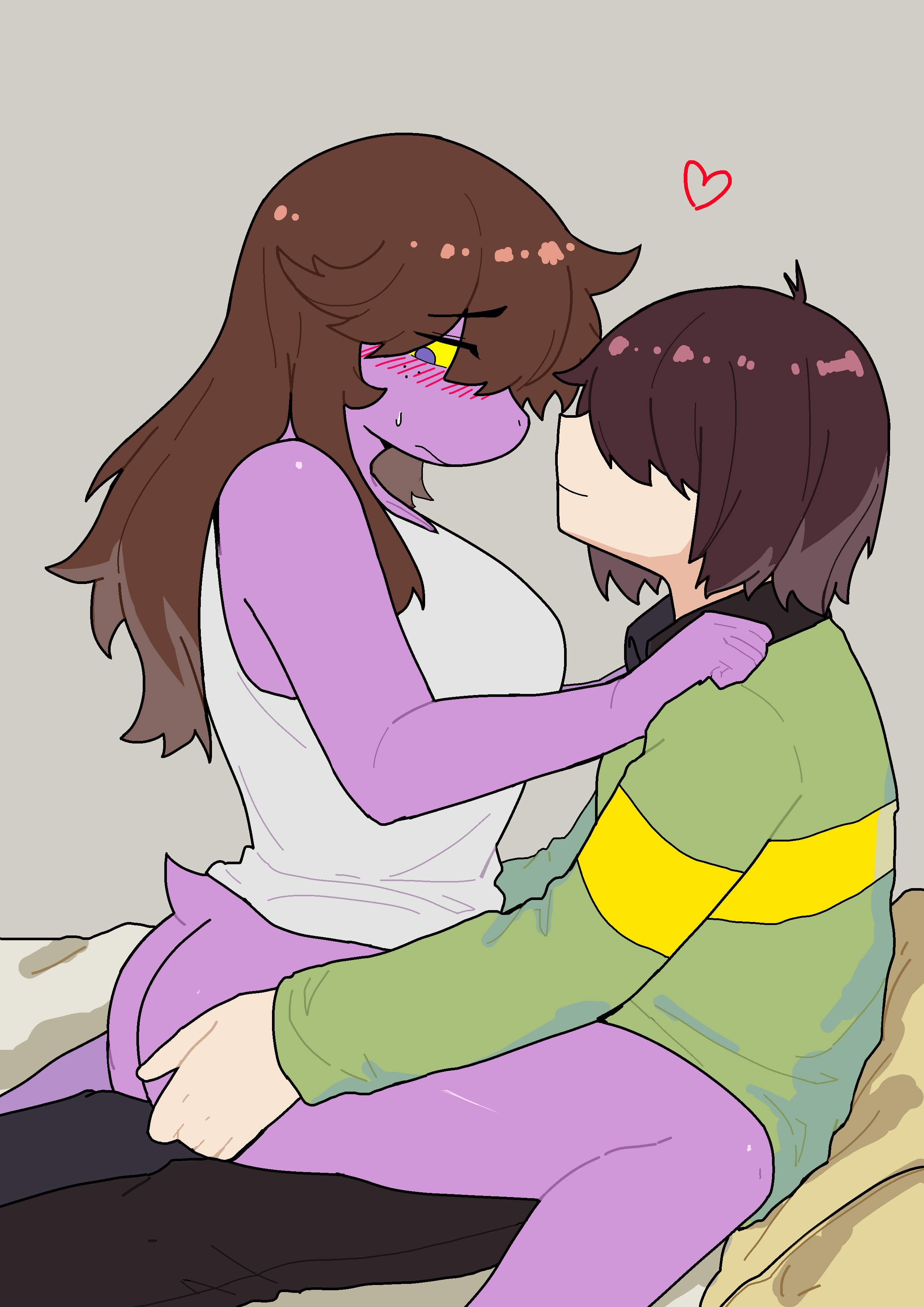 2025, 2d, anthro, breasts, deltarune, embrace, embracing, female, femsub, hechangjun250, human, human dominating, human dominating anthro, kris (deltarune), large breasts, male, maledom, susie (deltarune), tagme