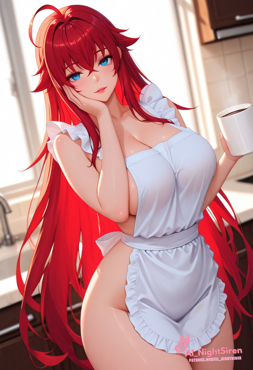 1girls, ai generated, almost naked, almost nude, ass, blue eyes, blush, breasts, covering breasts, female, female focus, female only, hi res, high school dxd, highres, large ass, large breasts, long hair, looking at viewer, maid, maid apron, maid dress, maid uniform, makeup, mature, mature female, naked, nude, patreon, patreon url, patreon username, red hair, rias gremory, solo