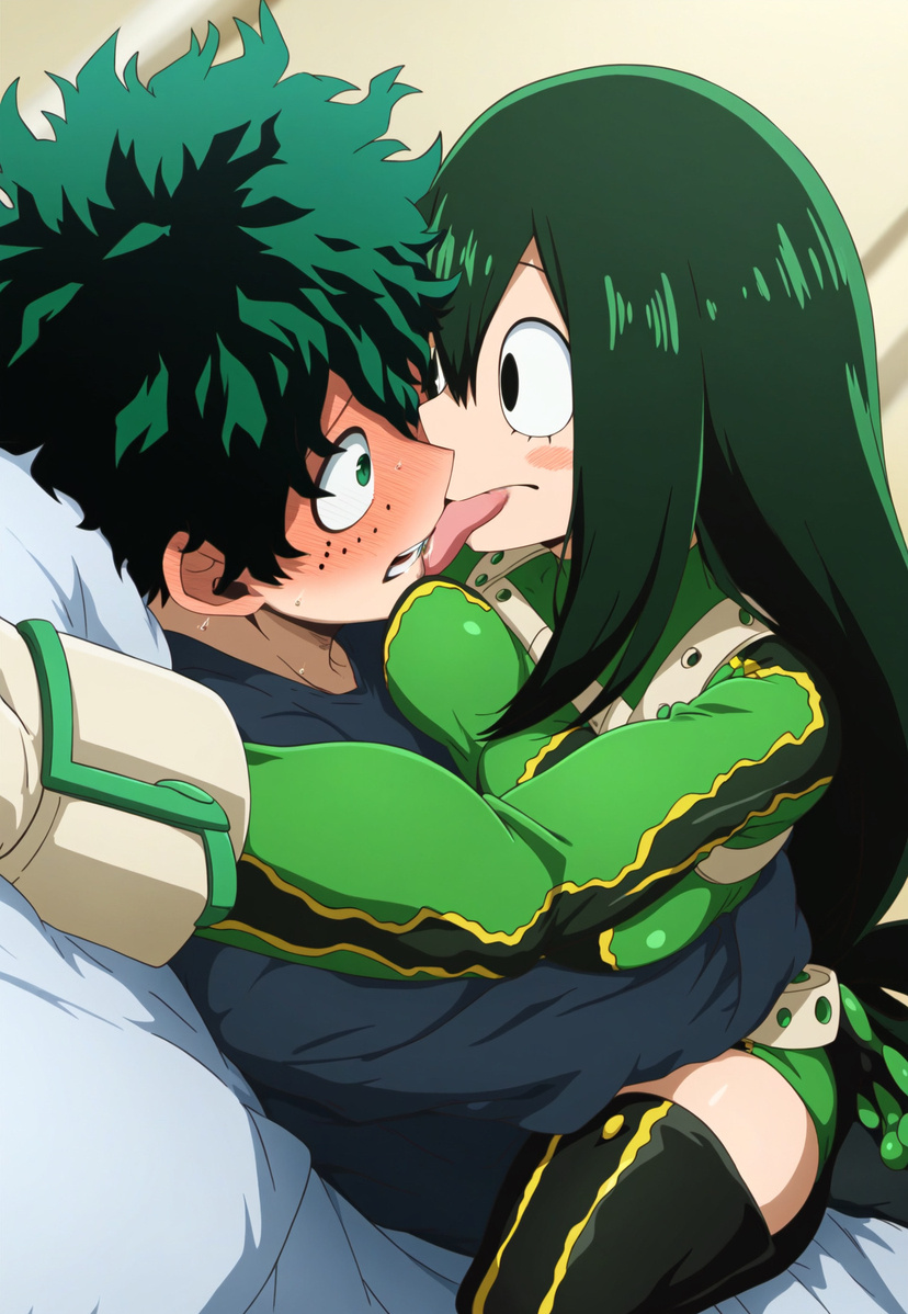 1boy 1girls ai_generated bare_legs big_breasts black_eyes blush boku_no_hero_academia breast_press curvaceous curvy_female green_eyes green_hair hero_outfit_(mha) imminent_sex izuku_midoriya large_breasts light-skinned_female light-skinned_male light_skin long_hair my_hero_academia shounen_jump tbaanime thick_thighs thighs tongue_out tsuyu_asui