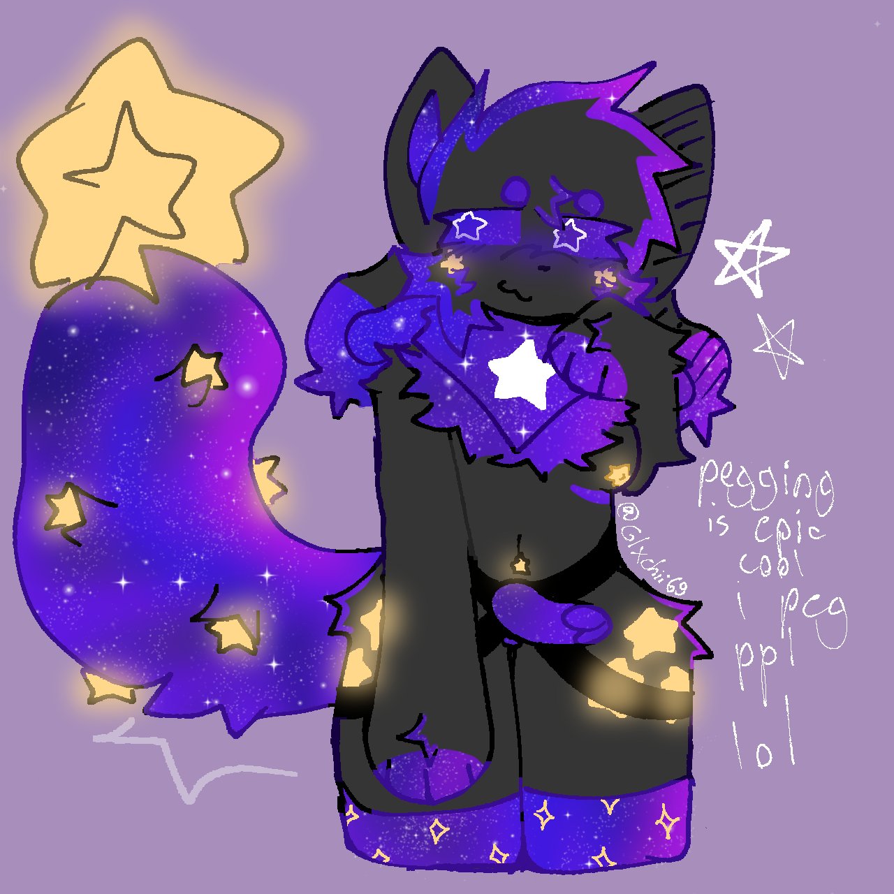 4_ears colon_three_face furry furry_only galaxy_(galaxychii) galaxychii gray_fur hybrid kittydog_(species) purple_fur star stars strapon