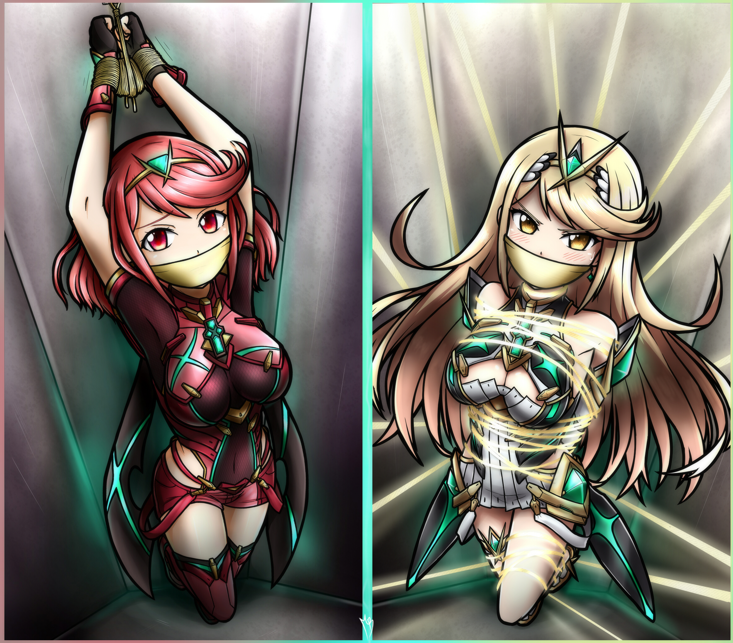 2girls, angry, armor, arms above head, arms behind back, arms up, bangs, bare shoulders, blonde hair, blush, bondage, bound, bound arms, bound wrists, breasts, cleavage, cleavage cutout, clothed, clothed female, covered navel, dress, eyebrows visible through hair, female, female only, femsub, gag, gagged, gem, highres, jewelry, kidnapped, kidnapping, long hair, looking at viewer, magnolia-baillon, multiple females, multiple girls, multiple subs, mythra, nervous, nintendo, pyra, red hair, restrained, short hair, swept bangs, tape, tape gag, taped mouth, thigh strap, thighhighs, tied up, xenoblade (series), xenoblade chronicles 2, yellow eyes