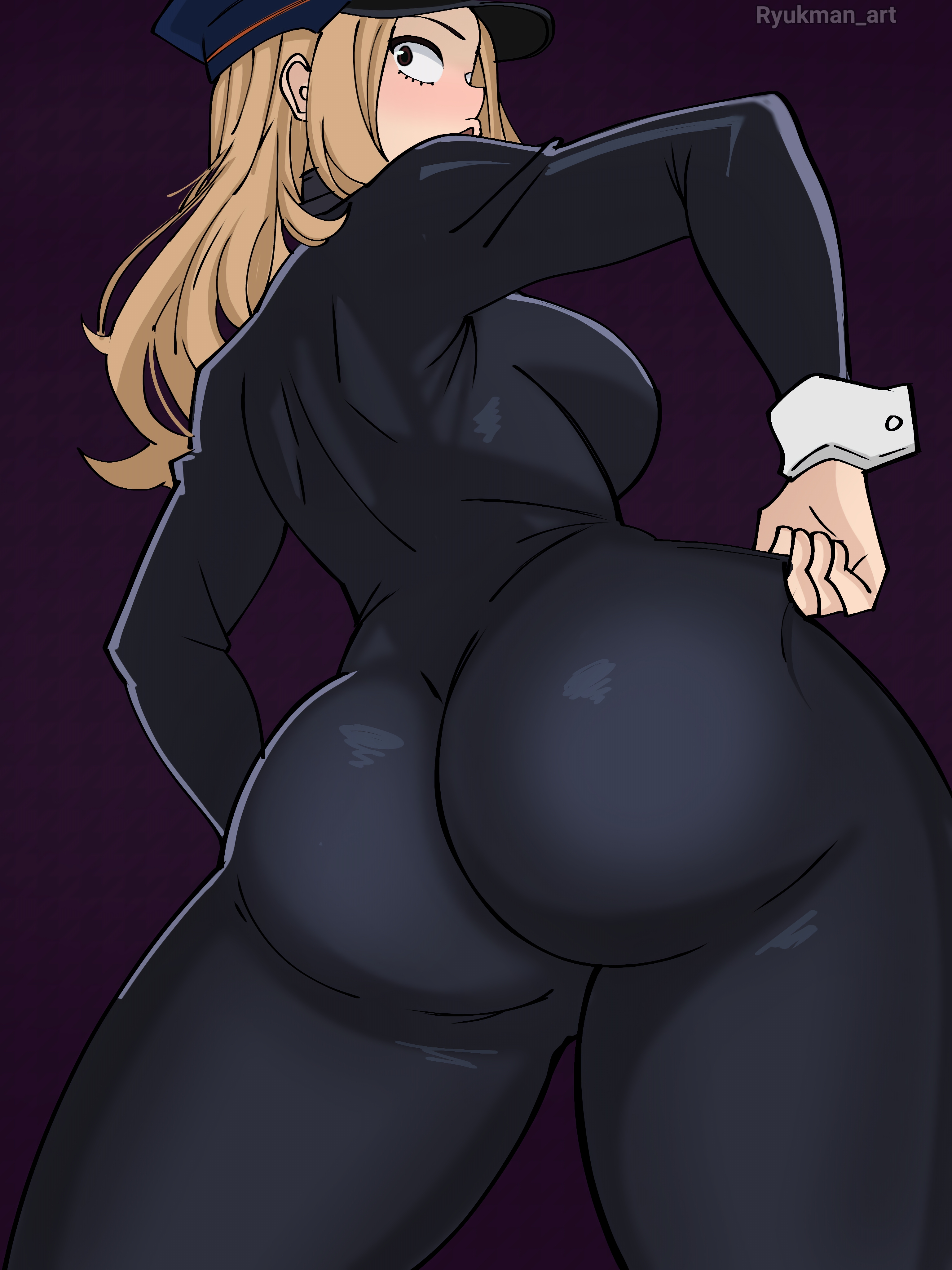 1girls, 2024, about to burst, absurd res, adjusting clothes, artist name, ass, ass crack, ass focus, ass too big, back view, barely contained, barely fits, big ass, big breasts, black clothing, blonde hair, blonde-haired female, blush, blushing, bodysuit, boku no hero academia, breasts, brown eyes, busty, butt crack, camie utsushimi, clothed, clothed female, clothes pull, clothing, clothing pull, curvaceous, curvy, female, fully clothed, hair, hand on hip, hands on hips, hat, headwear, hi res, hourglass figure, human, imminent wardrobe malfunction, inconvenient ass, large ass, large breasts, latex, latex suit, light skin, light-skinned female, long hair, looking back, low-angle view, my hero academia, ryukman, simple background, skin tight, solo, standing, thick thighs, thighs, tight clothing, tight fit, too tight, undersized clothes, undersized clothing, voluptuous, wide hips