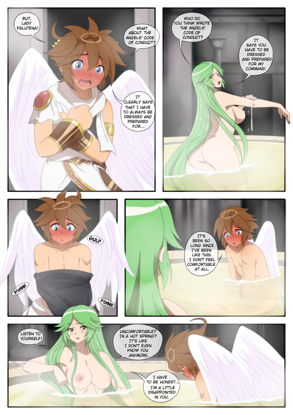 1boy 1girls age_difference angel brown_hair comic dialogue fanfiction goddess gold green_hair highres hot_spring inusen kid_icarus kid_icarus_uprising long_hair nintendo nude palutena pit pit_(kid_icarus) short_hair tagme wings