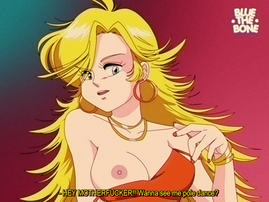 1girls, angel, areola, areolae, blonde hair, bluethebone, breasts, cleavage, clothing, english text, female, female only, grey eyes, hair, hoop earrings, long hair, nail polish, nipples, one breast out, panty & stocking with garterbelt, panty anarchy, retro artstyle, solo, stripper, text