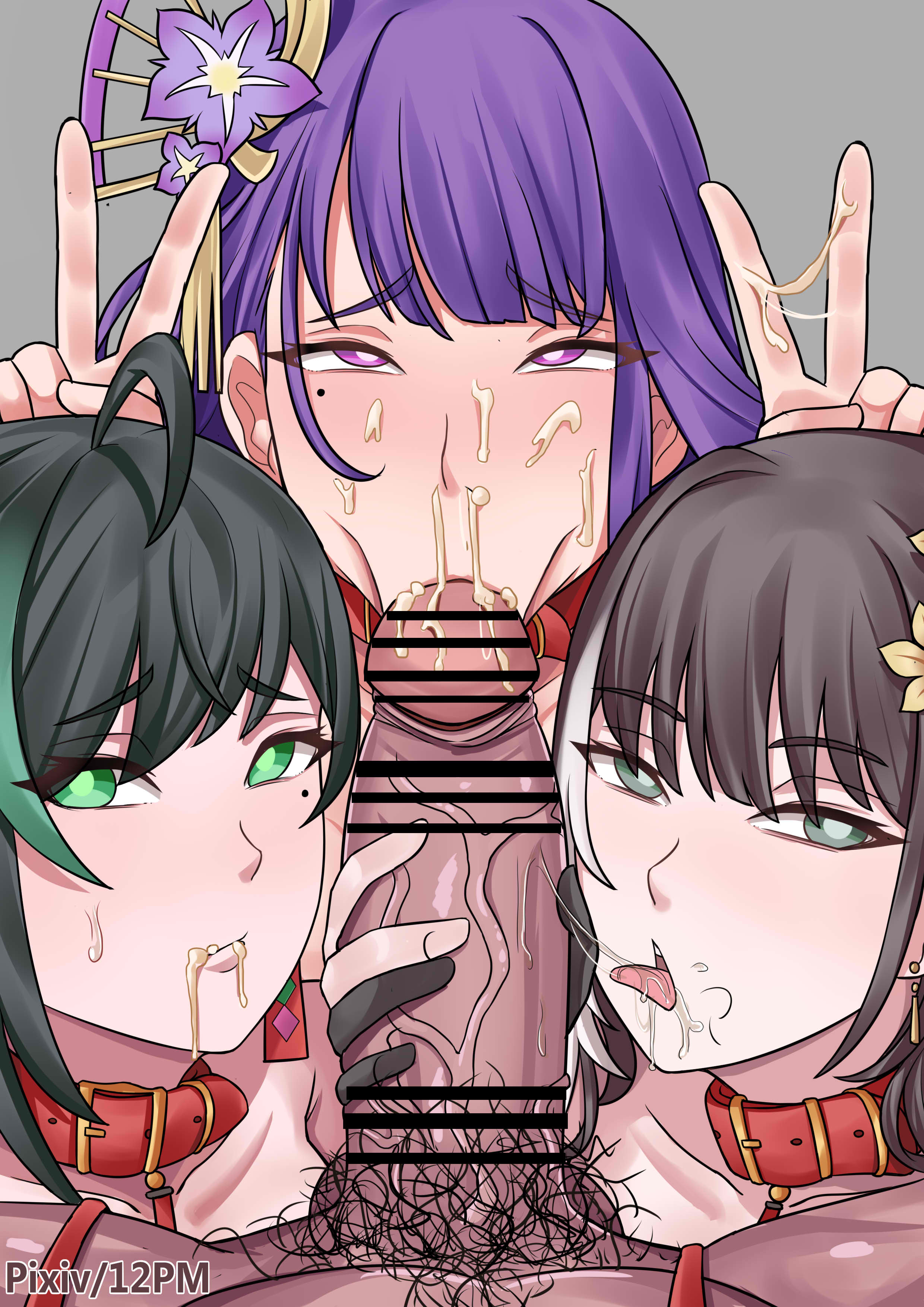:>=, 12pm, 1boy, 3girls, ahoge, artist name, baizhi (wuthering waves), black gloves, black hair, censor bar, censored, cock worship, collaborative fellatio, collar, collarbone, cooperative fellatio, crossover, cum in mouth, cum on hand, dark skin, dark-skinned male, double peace sign, double v, erection, facial, fellatio, female, fffm foursome, fingerless gloves, foursome, genshin impact, grabbing, green hair, grey background, grey eyes, hair ornament, hi res, leash, lin ye (tower of fantasy), long hair, looking at viewer, male, mole, mole under eye, open mouth, oral, peace sign, penis, penis grab, pixiv username, pov, pubic hair, purple eyes, purple hair, raiden shogun, simple background, straight, stray pubic hair, streaked hair, tongue, tongue out, tower of fantasy, triple fellatio, v, veiny penis, wuthering waves