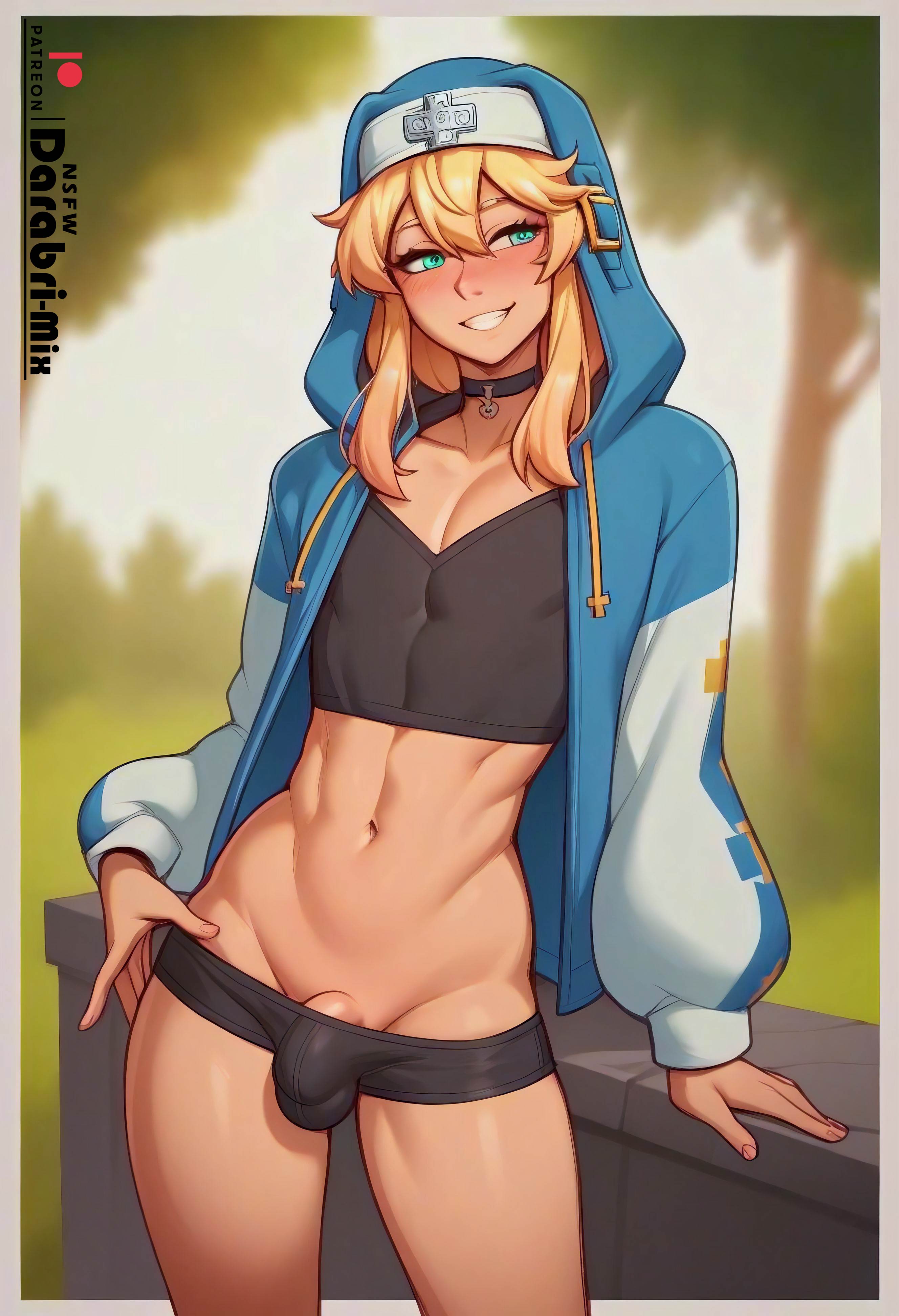 1boy, ai generated, blonde hair, bridget, bulge, cute, darabri-mix, femboy, feminine male, gay, girly, green eyes, guilty gear, headweat, long hair, male, male only, otoko no ko, penis, penis bulge, solo, thin waist, trap, yaoi, yellow hair