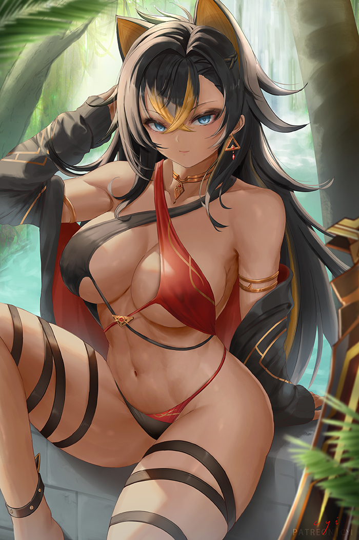 1girls big_breasts blue_eyes breasts brown_hair cat_ears cyicheng dancer_outfit dark-skinned_female dehya_(genshin_impact) female genshin_impact hair_intakes large_breasts mostly_nude multicolored_hair panties revealing_clothes solo solo_female tan-skinned_female tan_skin thick_thighs thighs yellow_hair