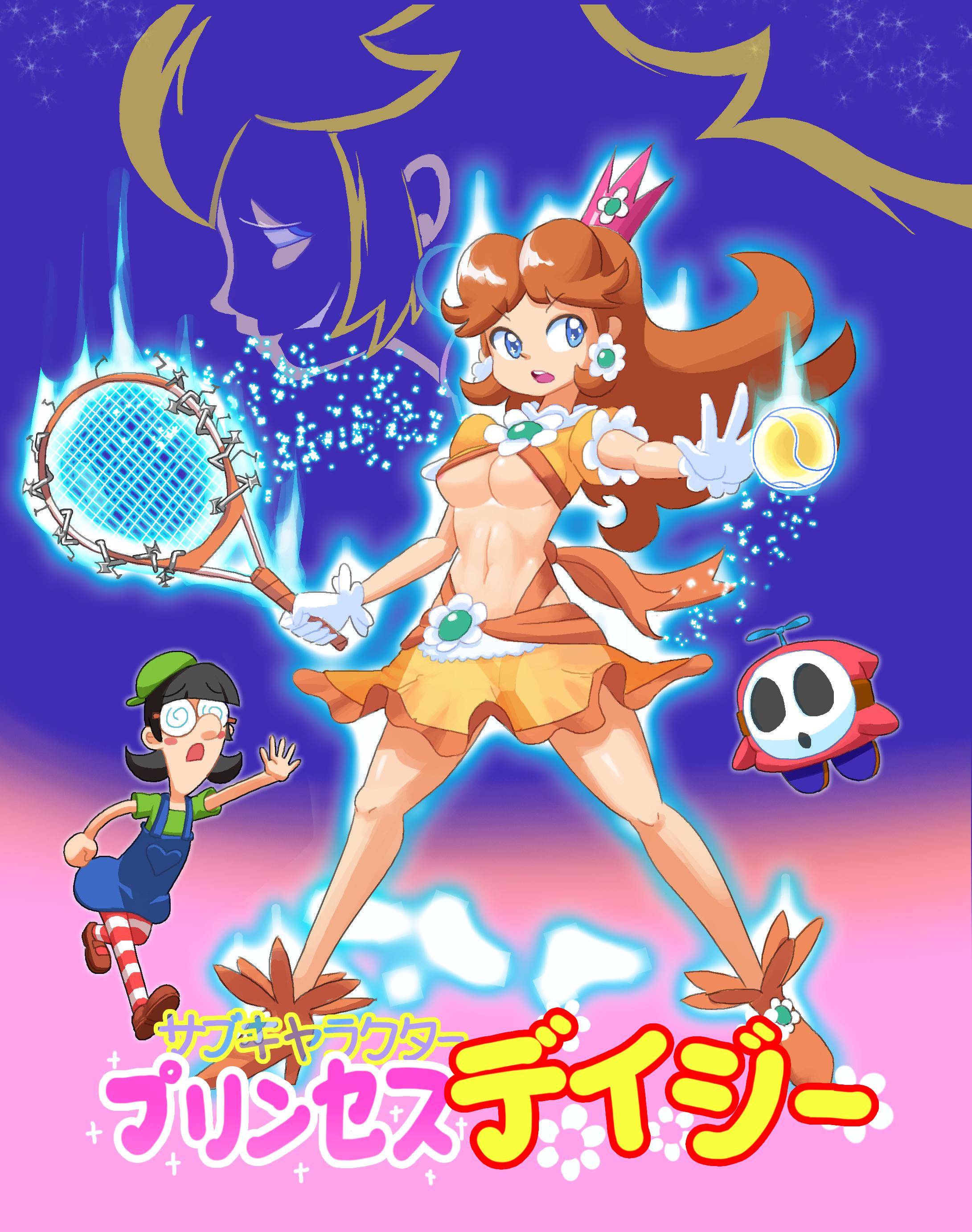 1boy, 3girls, aura, ball (object), black hair, blonde hair, blue eyes, breasts, brown hair, clothing, crown, female, full body, glasses, gloves, japanese text, long hair, looking at another, luigi, magic, male, mario (series), mario tennis, mask, midriff, minus8, multiple females, multiple girls, navel, nintendo, princess daisy, princess peach, rule 63, serious, shy guy, skirt, solo focus, standing, super mario land, tennis racket, text, underboob
