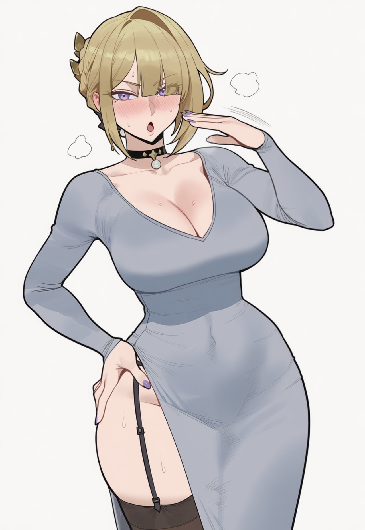 2d, ai assisted, ai generated, bare thighs, belly button, belly button visible through clothing, blonde hair, blush, choker, cleavage, cleavage cutout, dongtan dress, dress, evelyn chevalier, garter straps, hourglass figure, hoyoverse, large breasts, long dress, long hair, looking at viewer, maxelartdesign, purple eyes, skirt, slim waist, stockings, sweating, tagme, thick thighs, tied hair, tight clothing, tight fit, waving hand, wide hips, zenless zone zero