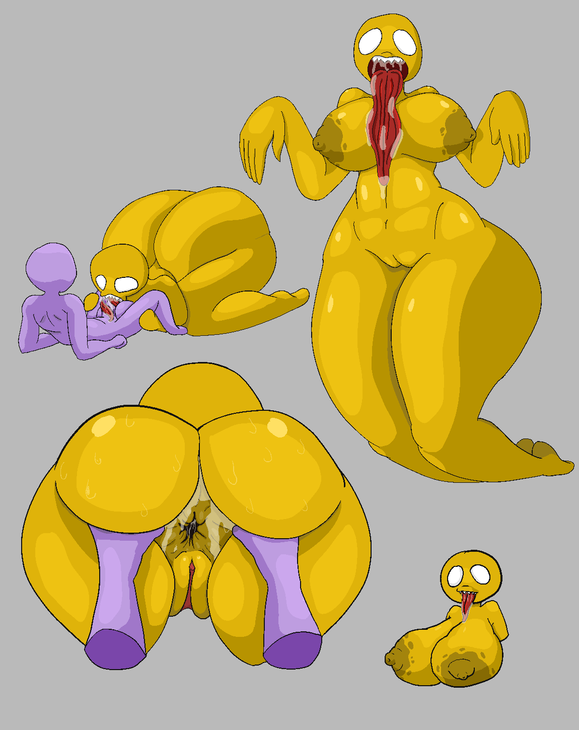 anthro ass_grab back_view big_breasts big_butt big_thighs gaping_anus ion_clocktower long_tongue nipples purple_skin saliva sharp_teeth size_difference sucking_penis white_eyes wide_hips yellow_body