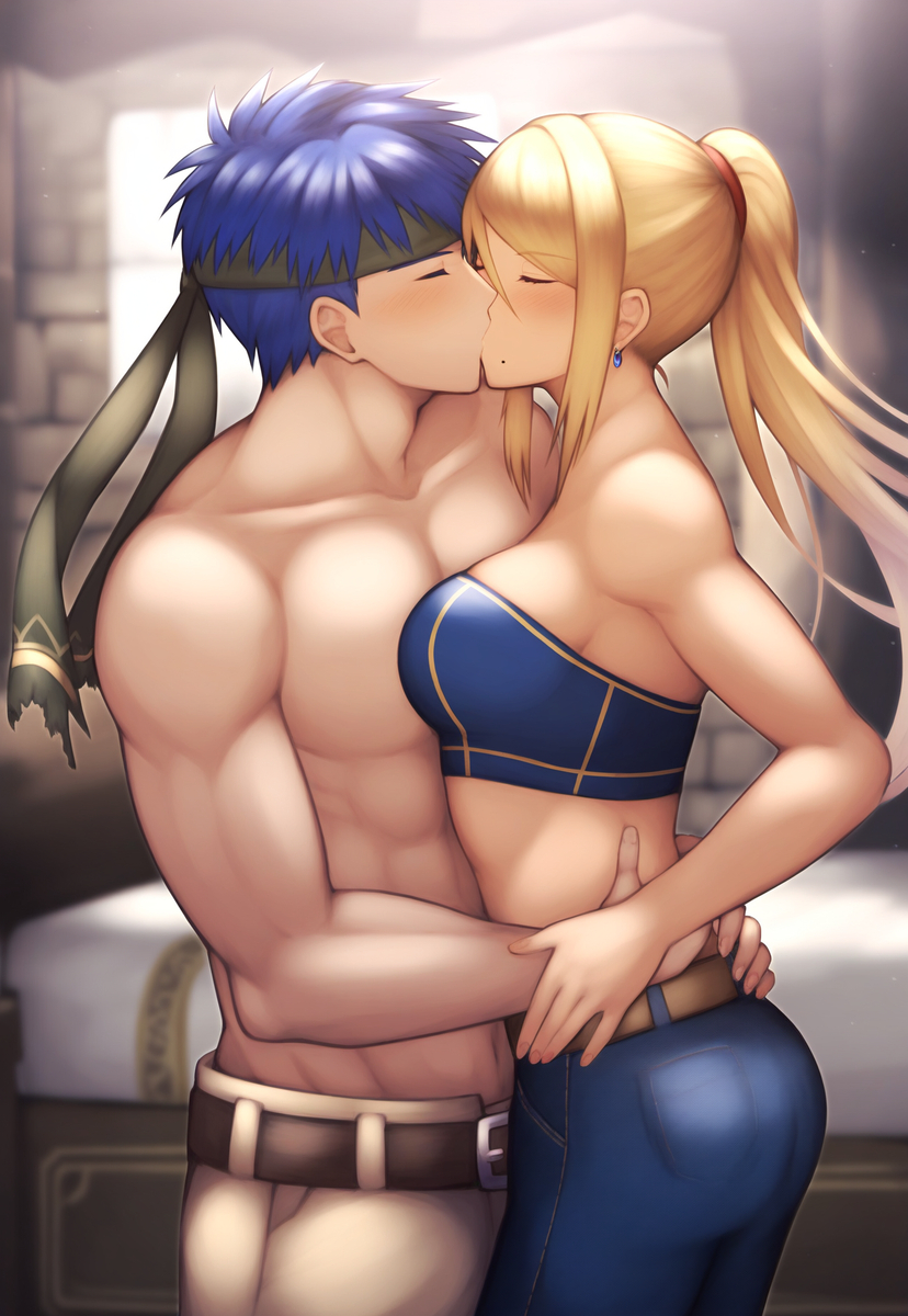 ai_generated beauty_mark big_breasts blonde_hair blue_hair cleavage closed_eyes crossover fire_emblem fire_emblem:_path_of_radiance fire_emblem:_radiant_dawn ike_(fire_emblem) kissing large_breasts metroid mole muscles muscular_female muscular_male nintendo partially_clothed samus_aran straight super_smash_bros.