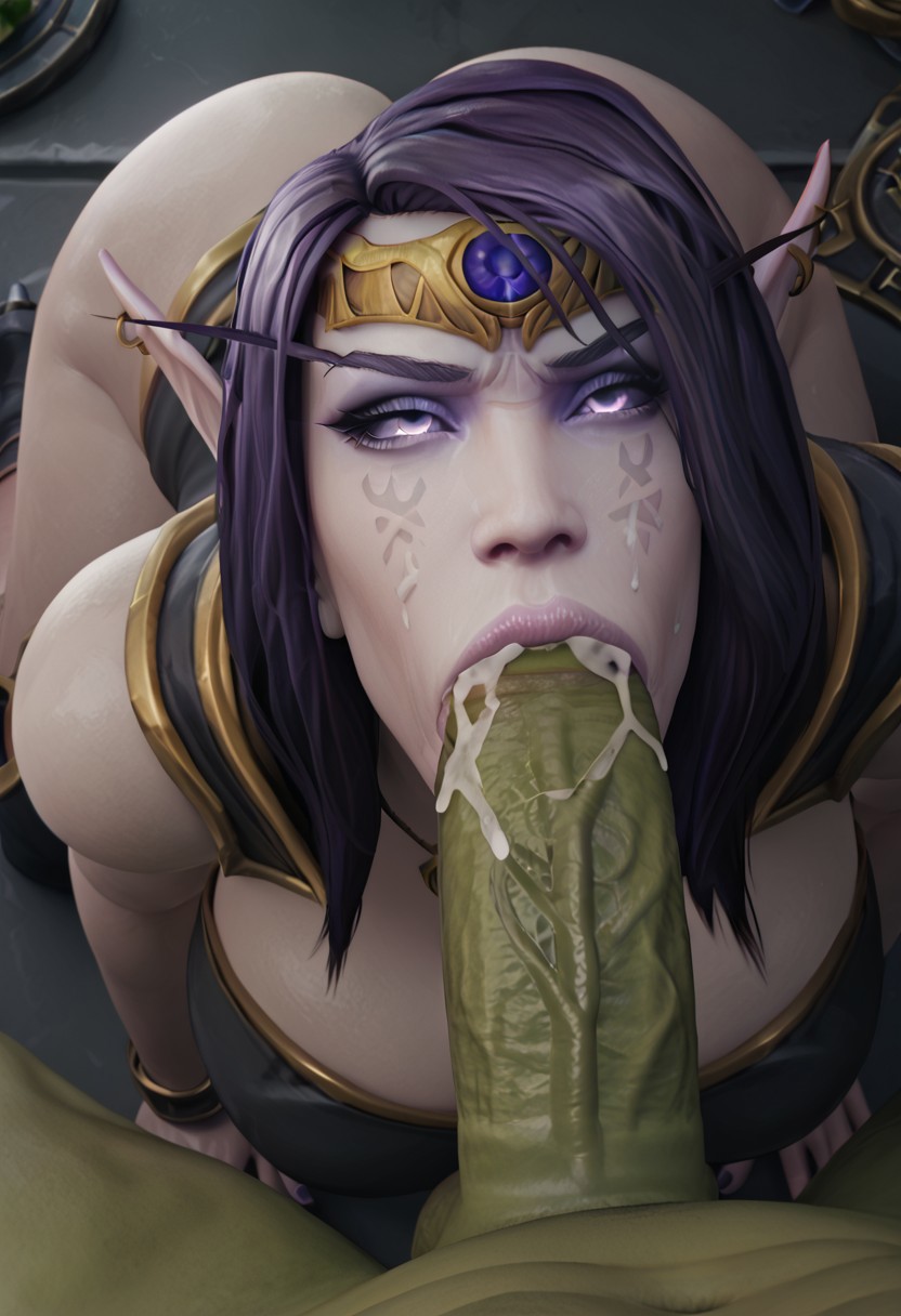 3d ahe_gao ai_generated black_sclera cum cum_in_mouth cum_on_face cumshot elf eyeroll face_markings fellatio forehead_jewel large_ass large_breasts nipples on_knees oral orc pointy_ears purple_eyes purple_hair purple_skin self_upload veiny_penis void_elf world_of_warcraft xal'atath