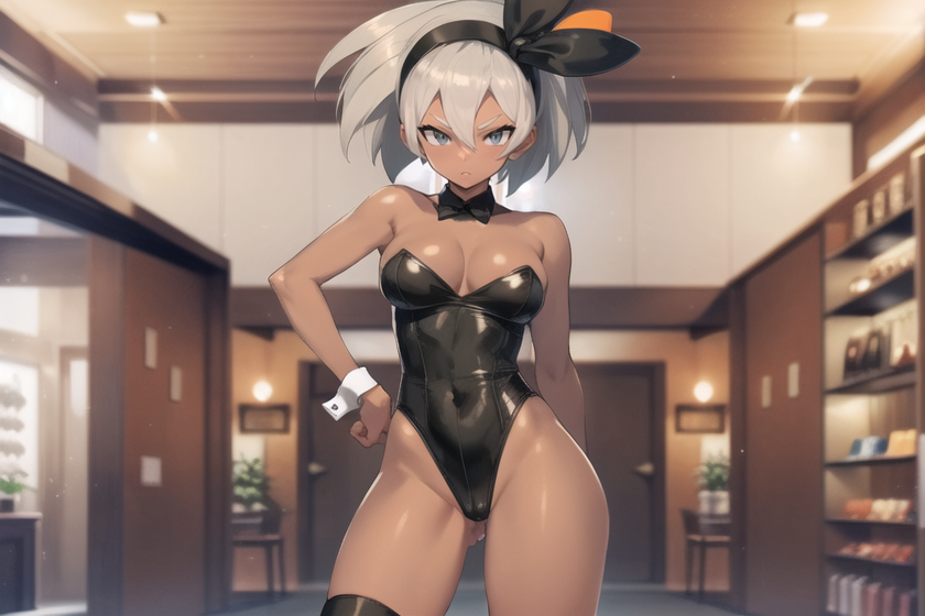 1girls 2d ai_generated bare_arms bare_back bare_shoulders bare_thighs bea_(pokemon) big_breasts black_bunny_ears black_leotard bow_tie bowtie breasts brown_body brown_skin bunny_ears bunny_girl bunny_tail bunnygirl bunnysuit cleavage dark-skinned_female exposed_breasts female female_only fluffy gray_eyes gray_hair grey_hair highres leotard lingerie looking_at_viewer low-angle_view mall medium_breasts nintendo partially_clothed playboy_bunny pokemon pokemon_ss pov pussy sad short_hair solo thick thick_ass thick_thighs