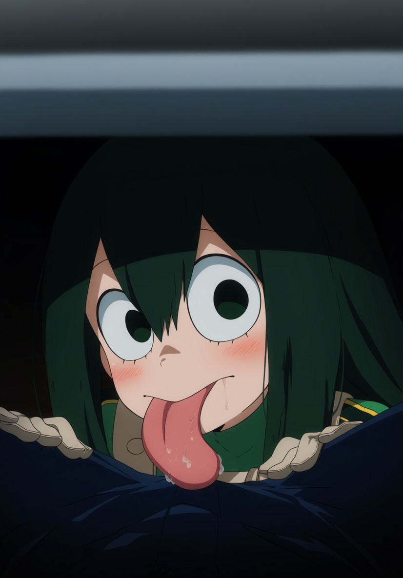 1boy 1girls ai_generated black_eyes blush boku_no_hero_academia bulge bulge_through_clothing green_hair light-skinned_female light_skin long_hair long_tongue my_hero_academia smelly_cock tbaanime tsuyu_asui under_the_table