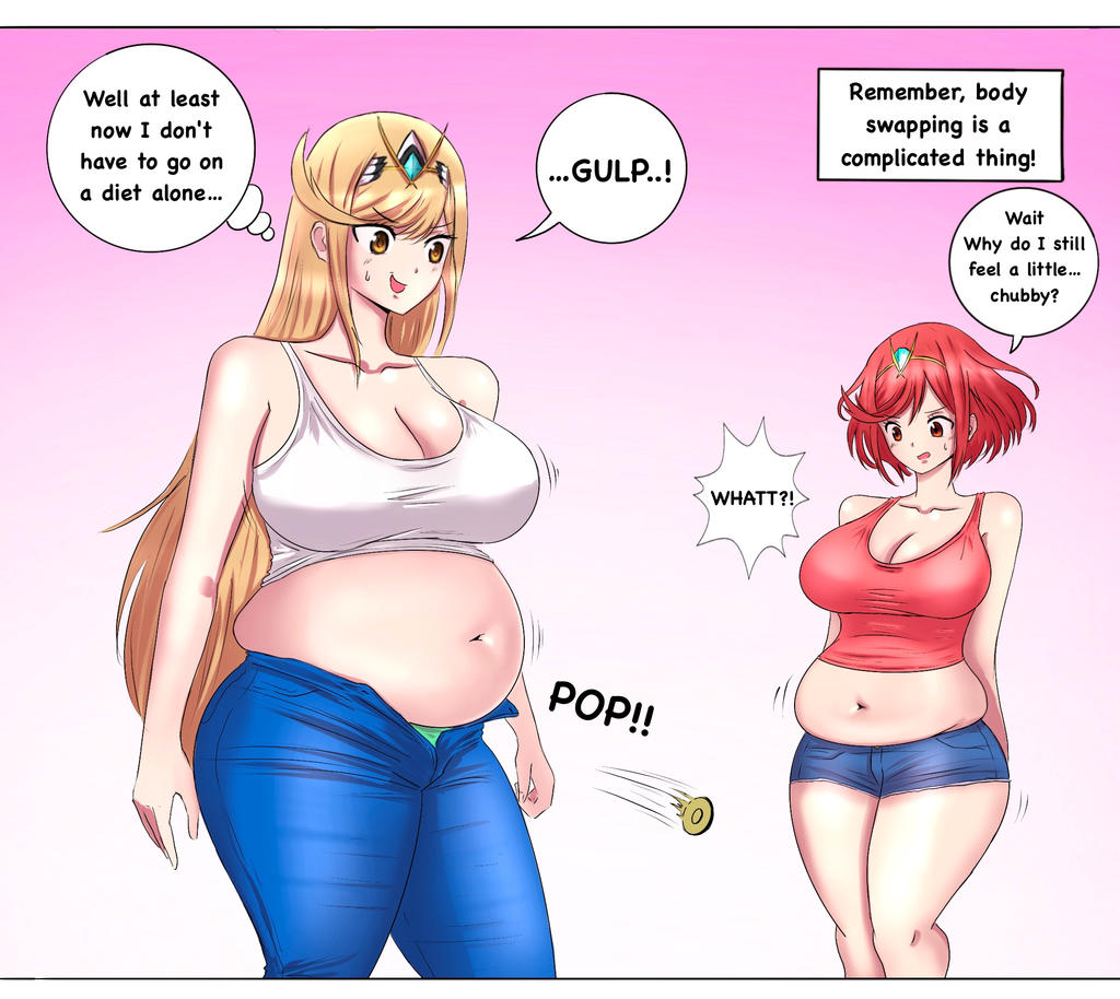 2girls bellywg big_breasts blonde_hair brown_eyes button_pop chubby cleavage clothed clothing comic dialogue embarrassed female female_only long_hair love_handles midriff mythra navel popped_button potbelly pyra red_eyes red_hair text unbuttoned unbuttoned_pants wardrobe_malfunction weight_conscious weight_gain xenoblade_(series) xenoblade_chronicles_2